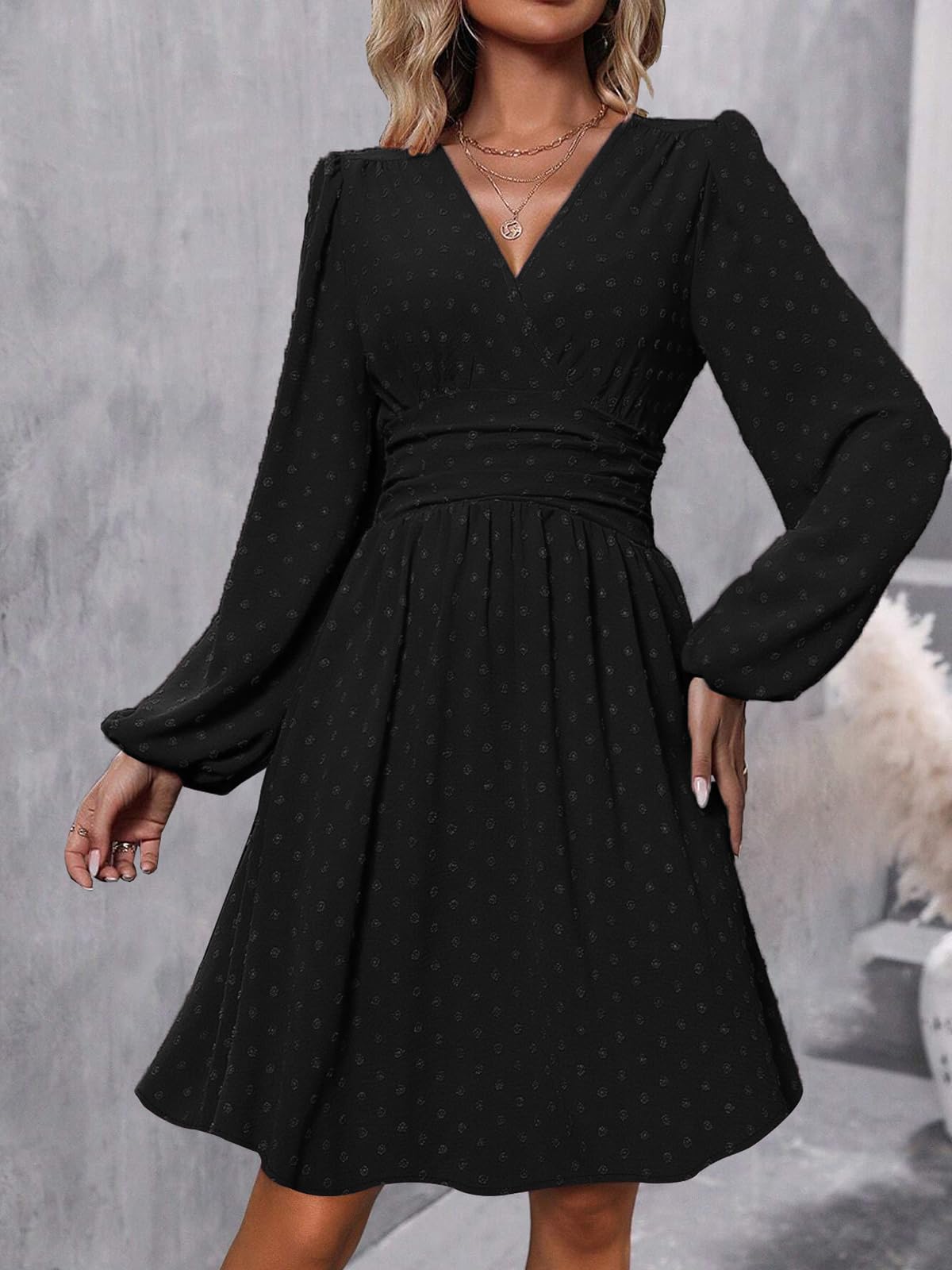 LIAMERHE Damen Elegant Kleid Langarm/Kurze Ärmel V-Ausschnitt Casual Kleider A-Linie Blumenmuster Minikleid Freizeitkleider Sommer Herbst Winter Laternenärmeln Kleid Partykleid