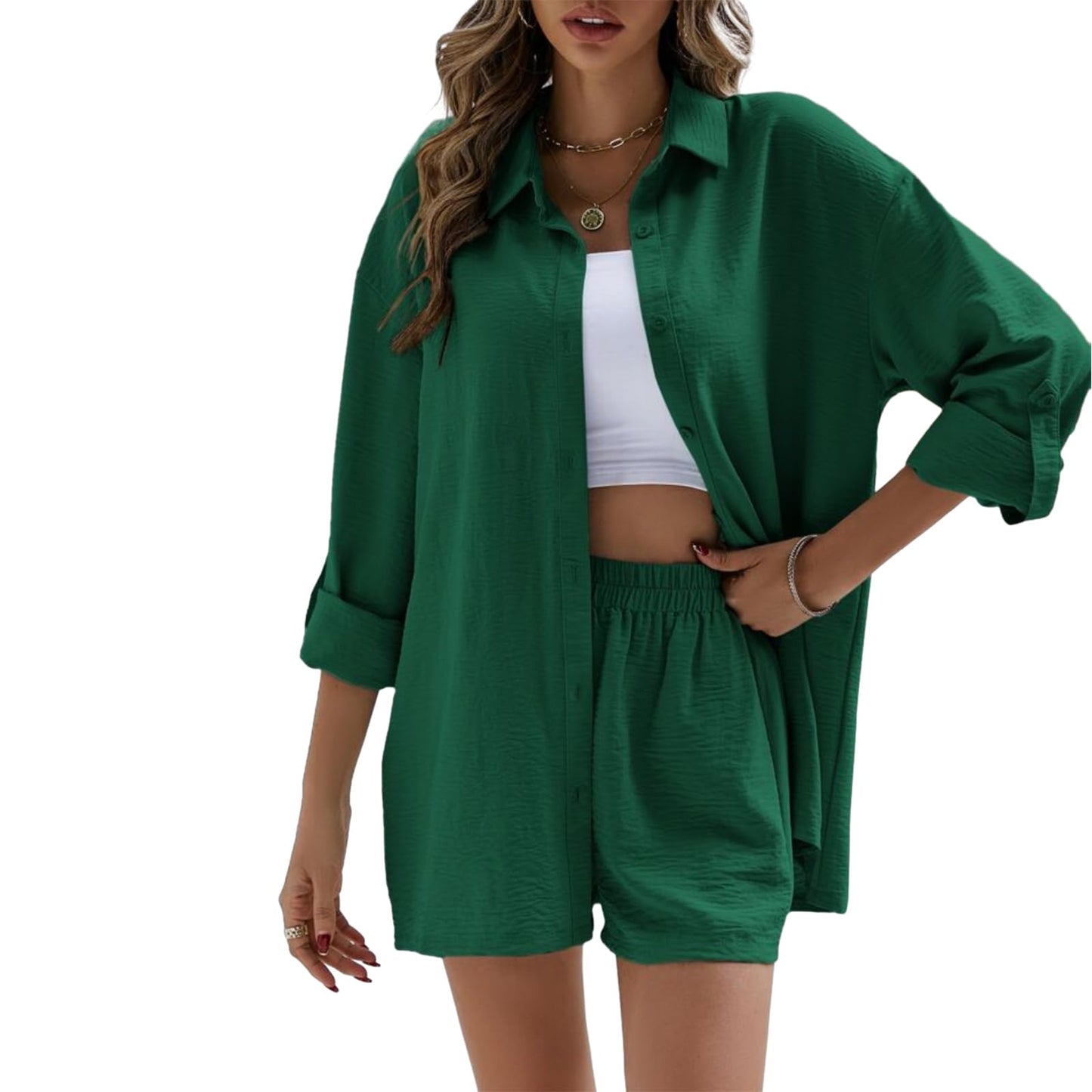 Geagodelia Damen Zweiteiler Elegant Hosenanzug Sommer Outfits Kleidung 2 Teiler Set Bluse Top + Shorts Y2k Aesthetic Clothes Loungewear Anzug