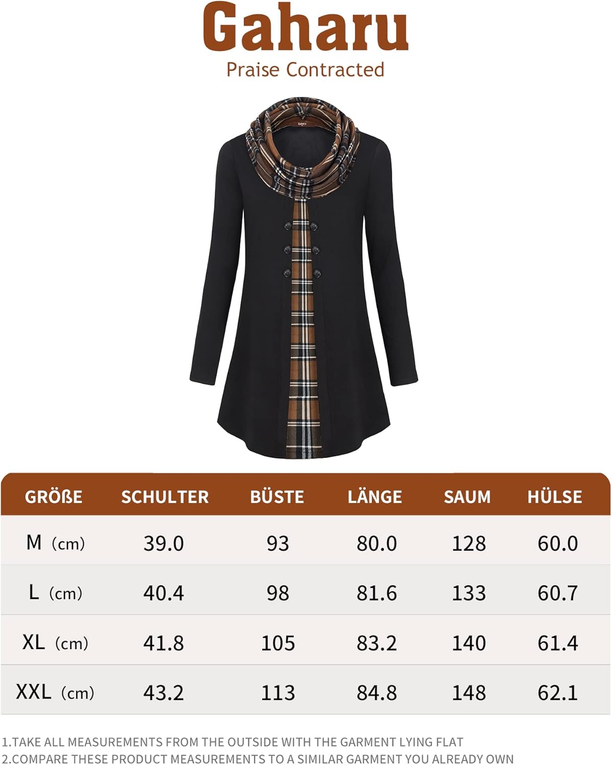 Gaharu Damen Tunika Langarm Elegant Pullover Lang Sweatshirt Schalkragen Patchwork Pulli