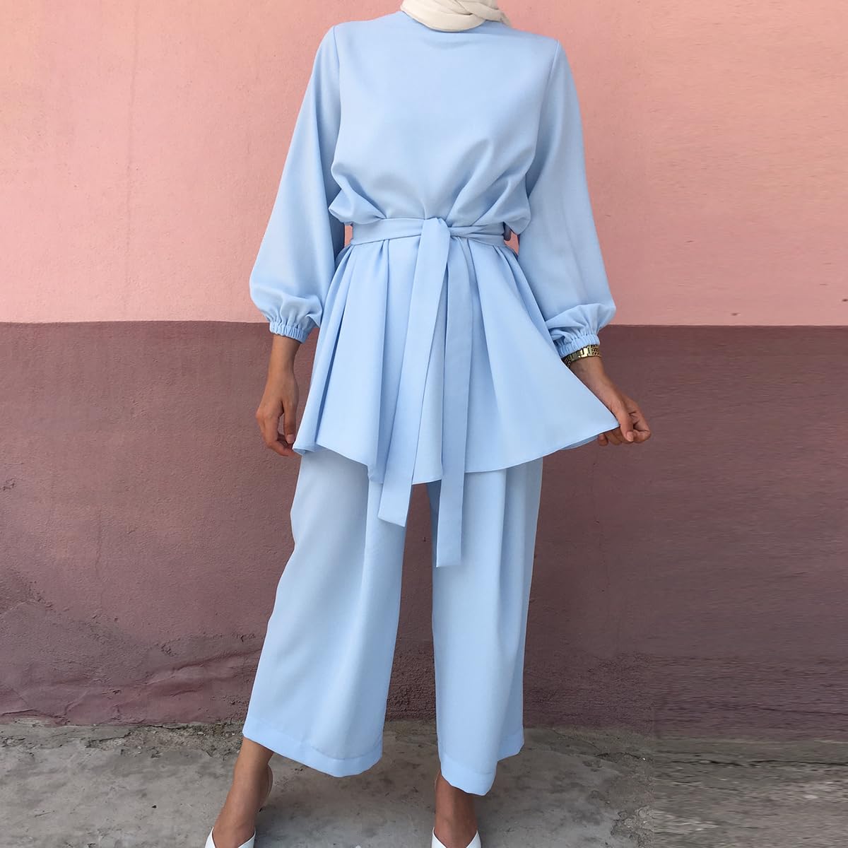 Gebetskleidung Muslim Damen Langarm Top + Lang Hose 2 Teiler Ramadan Outfit