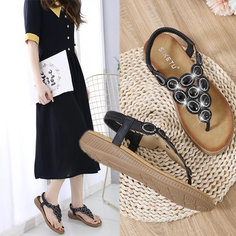 Meik Mangni Damen Sandalen Sommer Bohemian Flache Zehentrenner Strass Sandaletten Strand Schuhe Plattform Flip Flops Gr.36-42