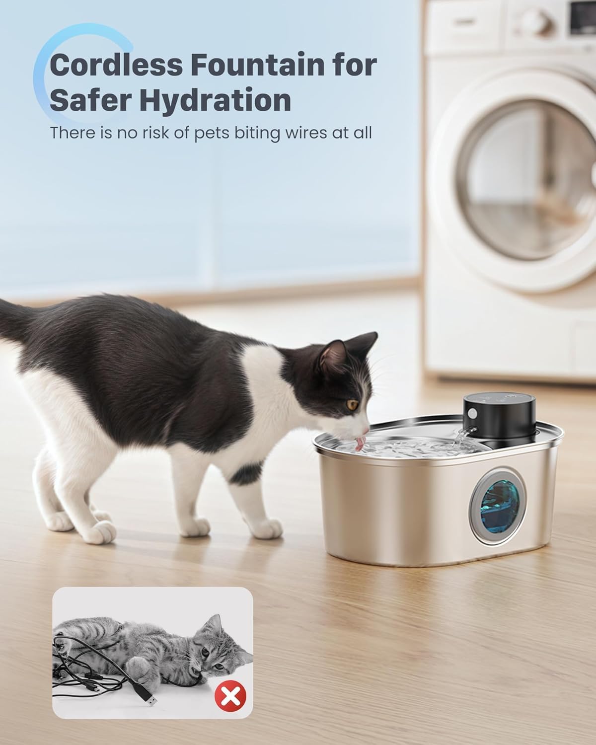 Katzenbrunnen Kabellos Edelstahl - Trinkbrunnen für Katze Akku Hunde Brunnen Wasserbrunnen Sensor Fountain Katzen Trinkbrunnen Wasserspender für Katze Drahtlos Leise Wasserpumpe mit 1 Filter