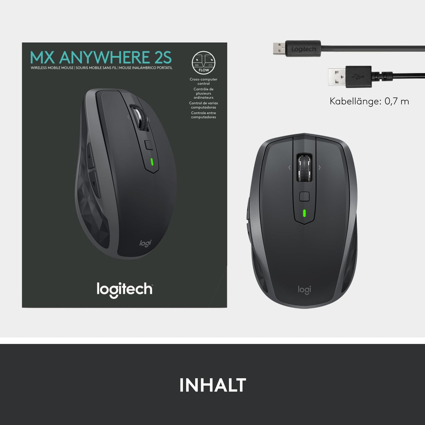 Logitech MX Anywhere 2S Bluetooth Edition kabellose Maus, mehrere Oberflächen, superschnelles Scrollen, aufladbar, mobil, Verbindung zu bis zu 3 Mac/PC-Computern - Graphit