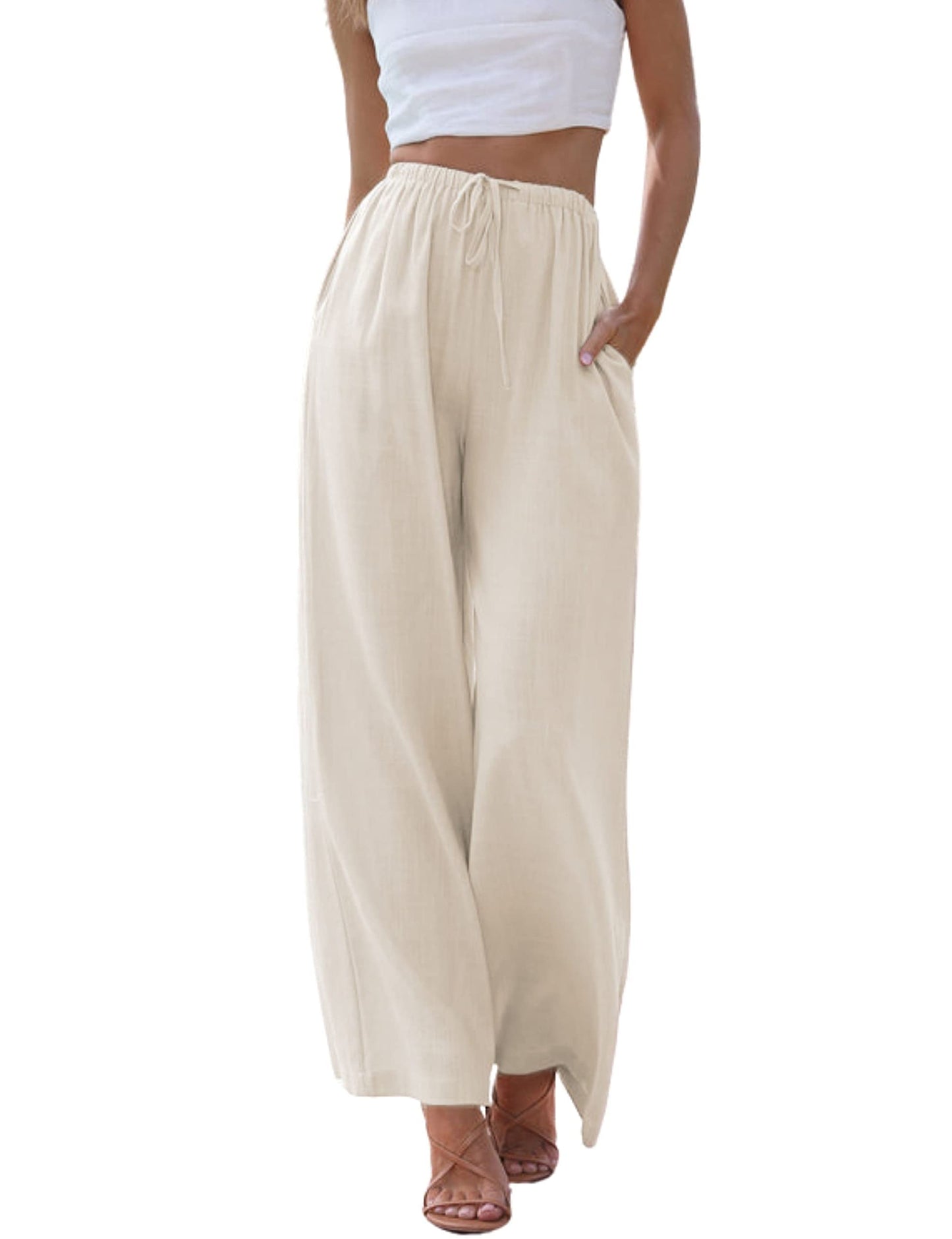 Imuedaen Damen Hosen Sommer Leinen Leicht Casual Locker Leinenhose Freizeithose Palazzo Hose Weite Leg Hose Sommerhose Hohe Taille mit Tunnelzug und Taschen