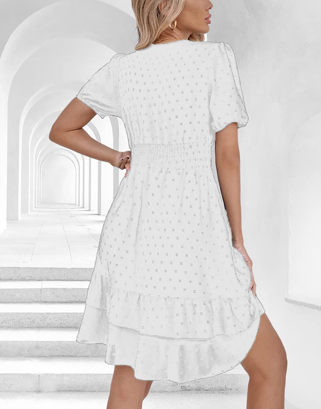 Vangreynve Damen Minikleid V-Ausschnitt A-Linie Kleider Elegant Hohe Taille Langarm Freizeitkleid
