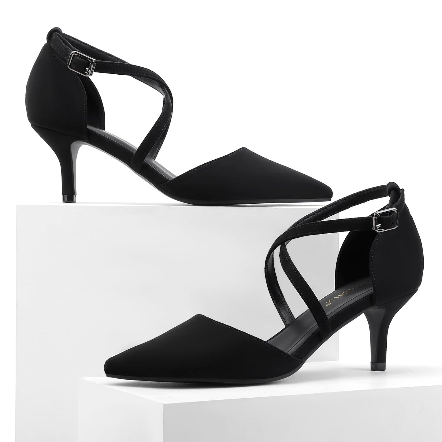 Greatonu Women's Pointed Toe Court Shoes with Ankle Strap and Kitten Heel