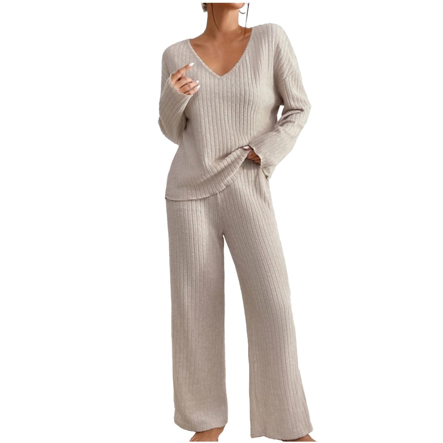 Hausanzug Damen Elegant Gestrickte Loungewear Einfarbig Strickanzug Langarm Schlafanzüge Zweiteiler V-Ausschnitt Homewear Locker Freizeitanzug Outfit Weites Bein Hose mit Taschen Lounge Set