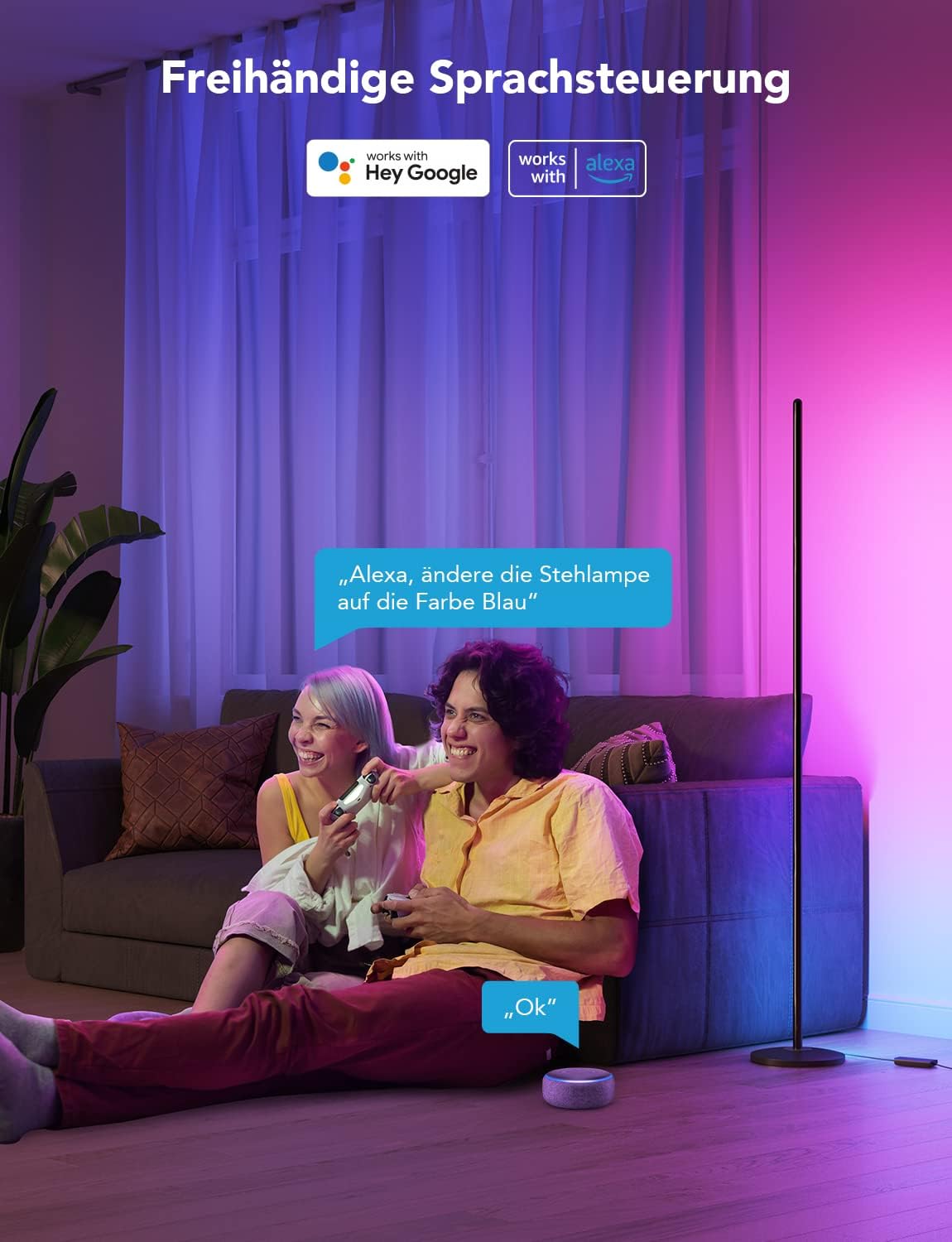 Govee RGBIC LED Stehlampe Wohnzimmer, WiFi Stehlampe Dimmbar, Arbeiten Sie mit Alexa und Google Assistant, 16 Millionen Farben, 58 Szenenmodi, Musikmodi, DIY-Modus für Schlafzimmer Gaming, Schwarz