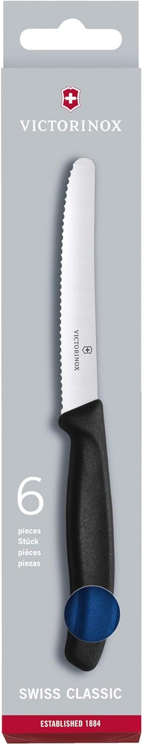 Victorinox Swiss Classic, Tomaten- und Tafelmesser, 6-teilig, Buttermesser, Extra Scharf, Wellenschliff, 11 cm, Rostfreier Stahl, blau