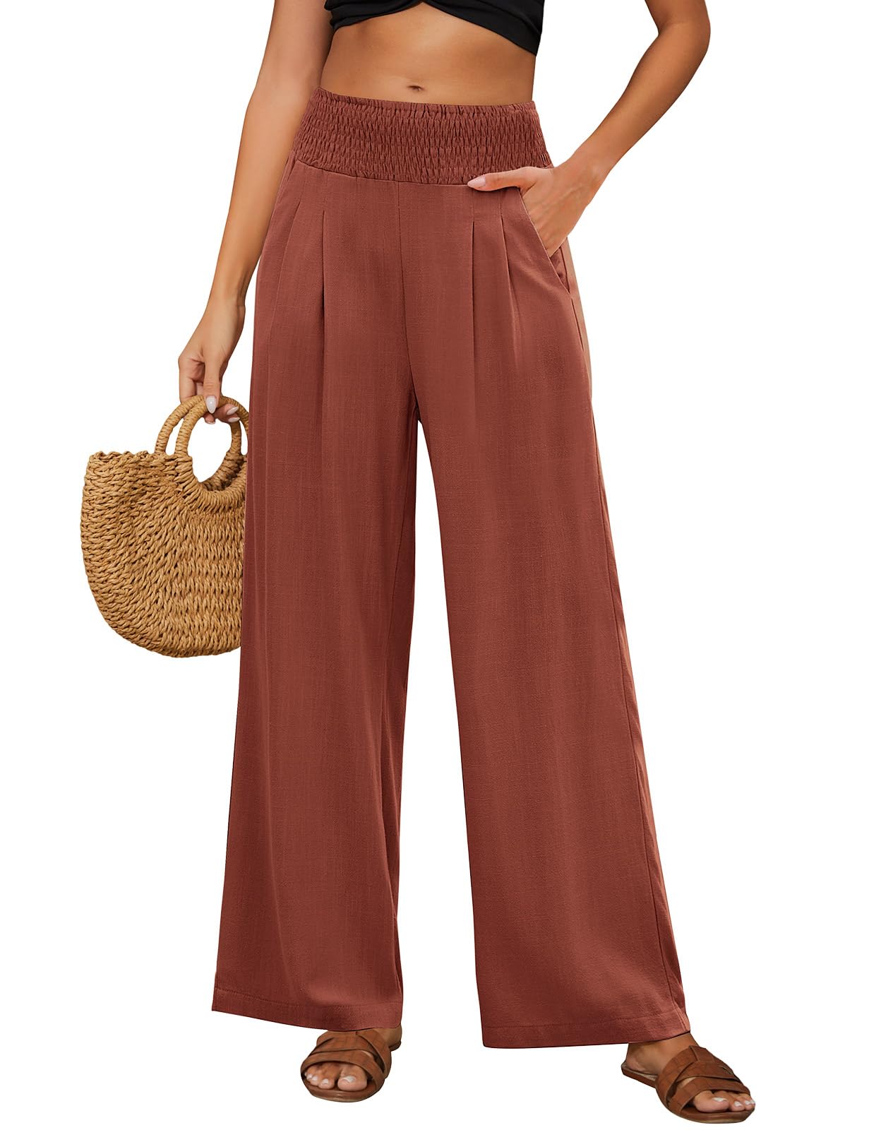 Niwicee Leinenhose Damen Sommer Baumwolle Leinen Hose High Waist Geradem Lose Casual Sommerhose mit Taschen Elastisch Hohe Taille Freizeithose Strandhose Lang Leichte