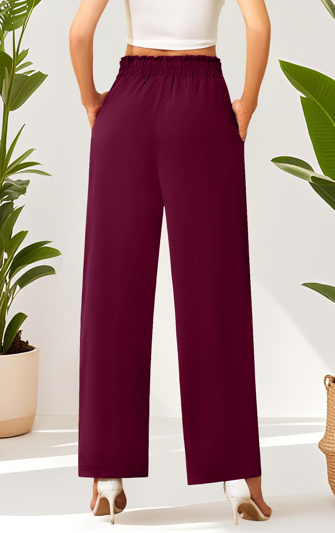 Actcat Damen Hose mit weitem Bein Leicht und Elegant Elastischer Bund Sommerhose mit Taschen für Legere Arbeit Geeignet
