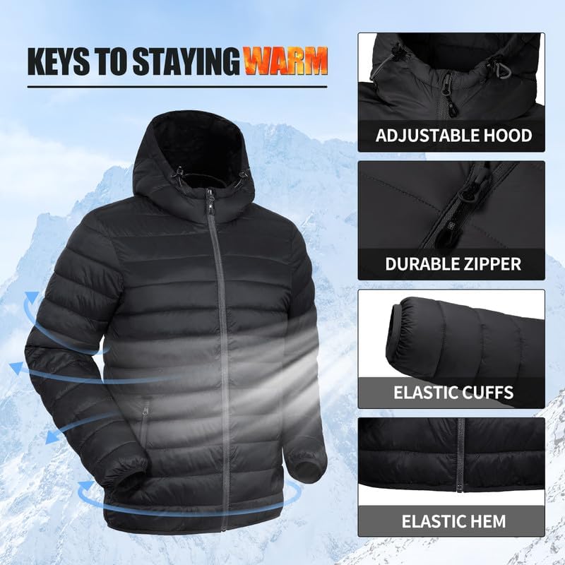 Winter Jacket Men's Packable Outdoor Down Jackets Hooded Jacket Autumn Waterproof Puffer Jacket with 6 Pockets for Running Travel