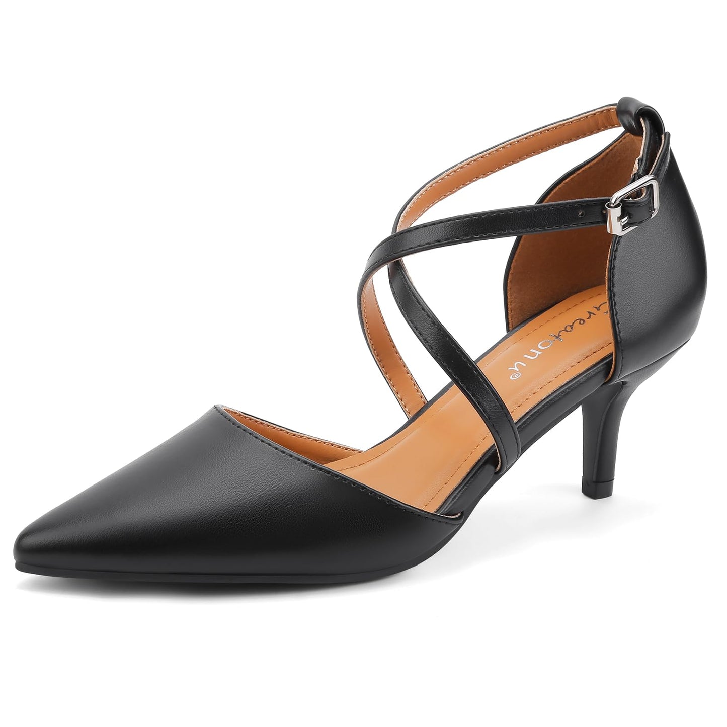 Greatonu Women's Pointed Toe Court Shoes with Ankle Strap and Kitten Heel