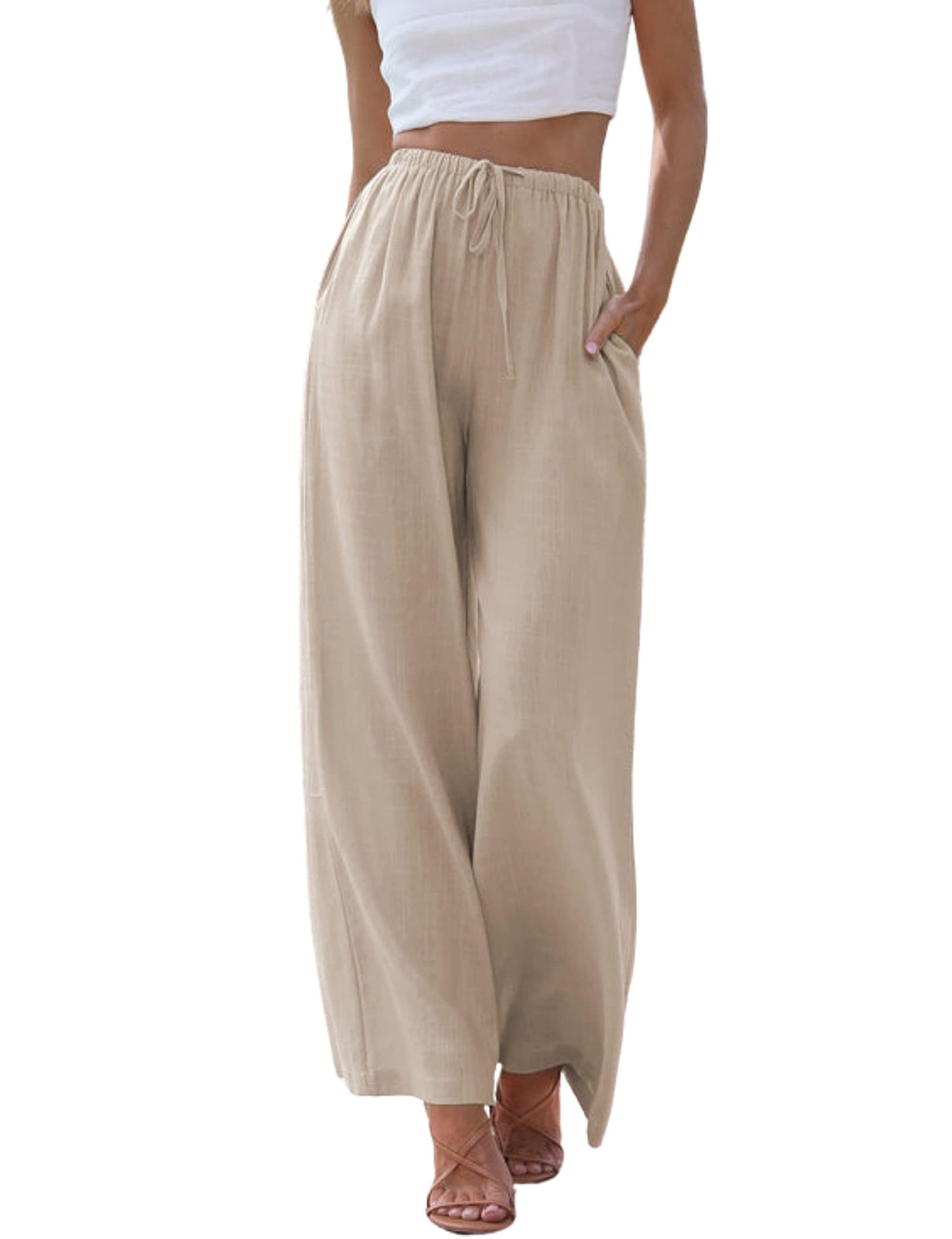 Imuedaen Damen Hosen Sommer Leinen Leicht Casual Locker Leinenhose Freizeithose Palazzo Hose Weite Leg Hose Sommerhose Hohe Taille mit Tunnelzug und Taschen