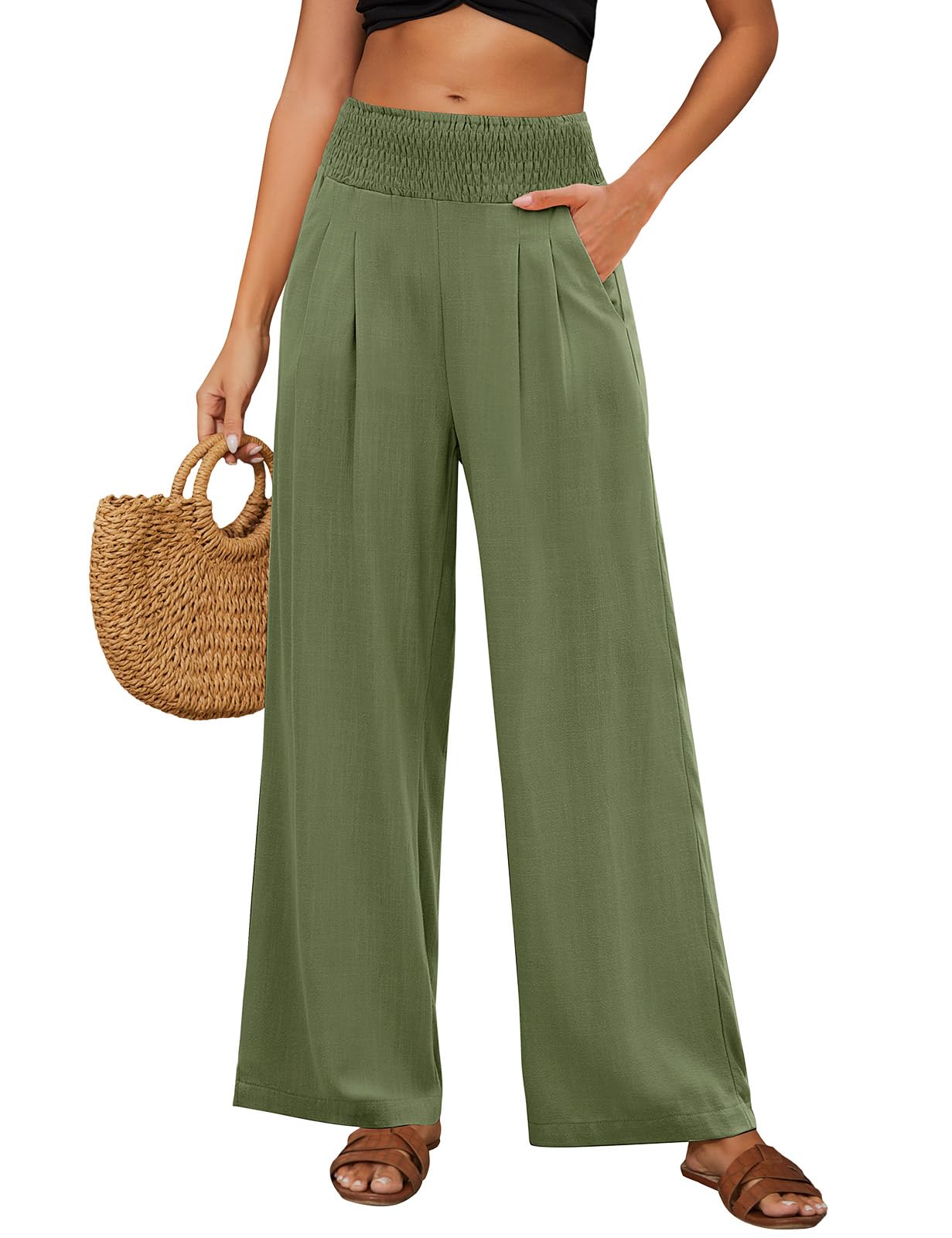 Niwicee Leinenhose Damen Sommer Baumwolle Leinen Hose High Waist Geradem Lose Casual Sommerhose mit Taschen Elastisch Hohe Taille Freizeithose Strandhose Lang Leichte