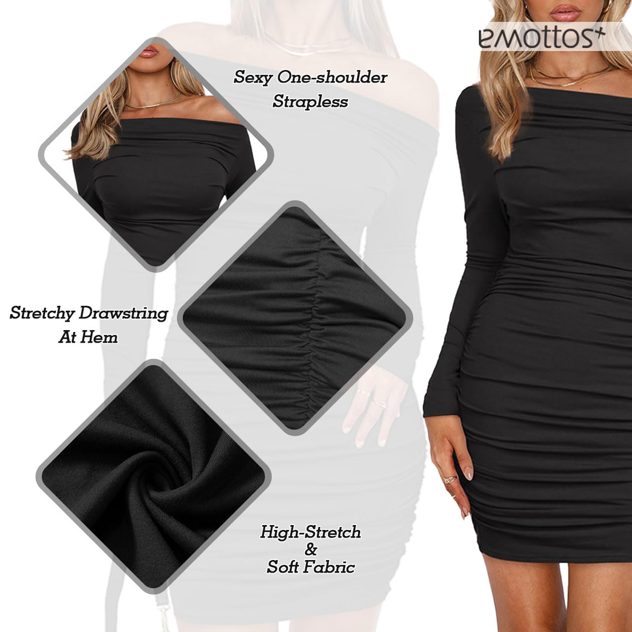 EMOTTOS Frauen Mini Wrap Dress, Sexy Hip-Hugging Ruched Kleider, Weicher tiefer V-Ausschnitt/One-Shoulder Langärmeliges Bodycon Bleistiftkleid, Mini Tube Club Cocktail Party Kleid(2 Style, S-L)