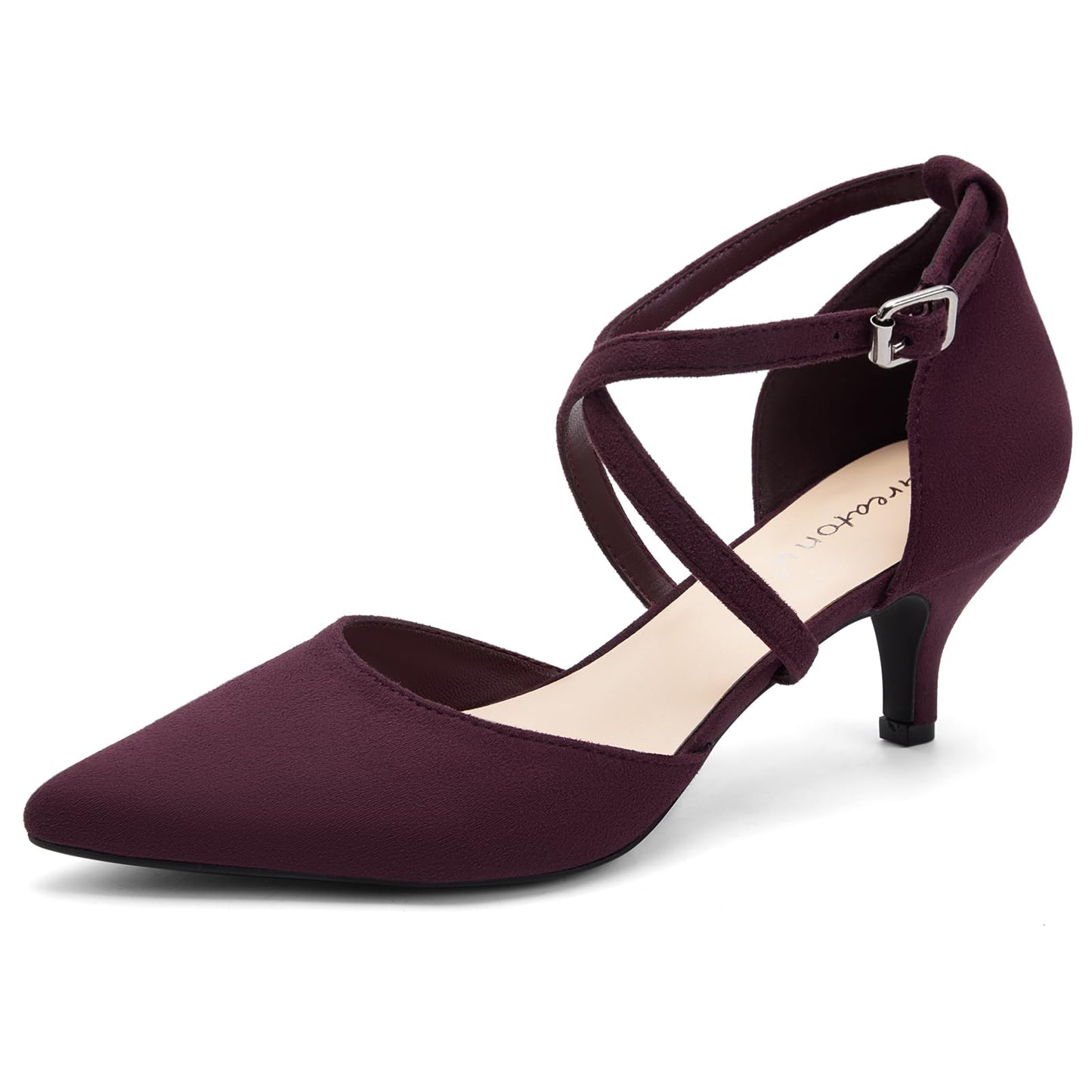Greatonu Women's Pointed Toe Court Shoes with Ankle Strap and Kitten Heel