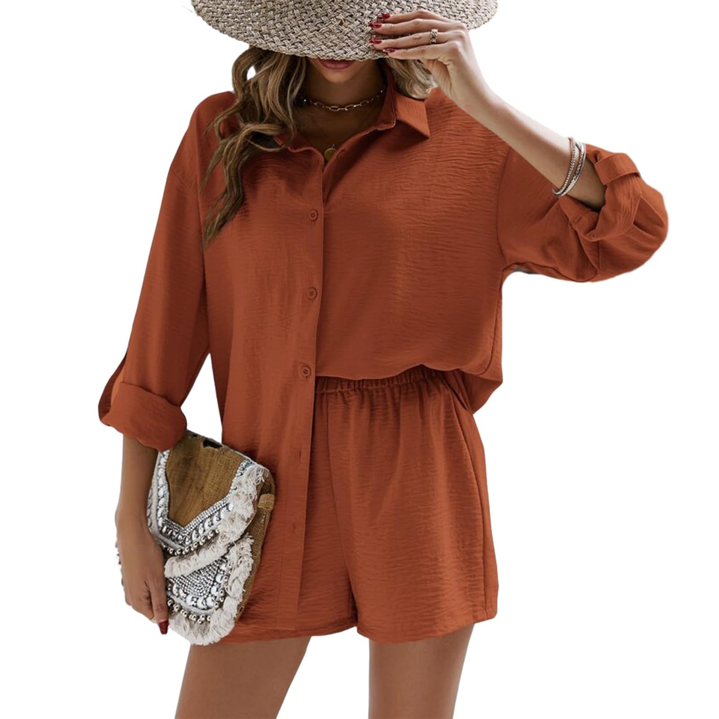 Geagodelia Damen Zweiteiler Elegant Hosenanzug Sommer Outfits Kleidung 2 Teiler Set Bluse Top + Shorts Y2k Aesthetic Clothes Loungewear Anzug