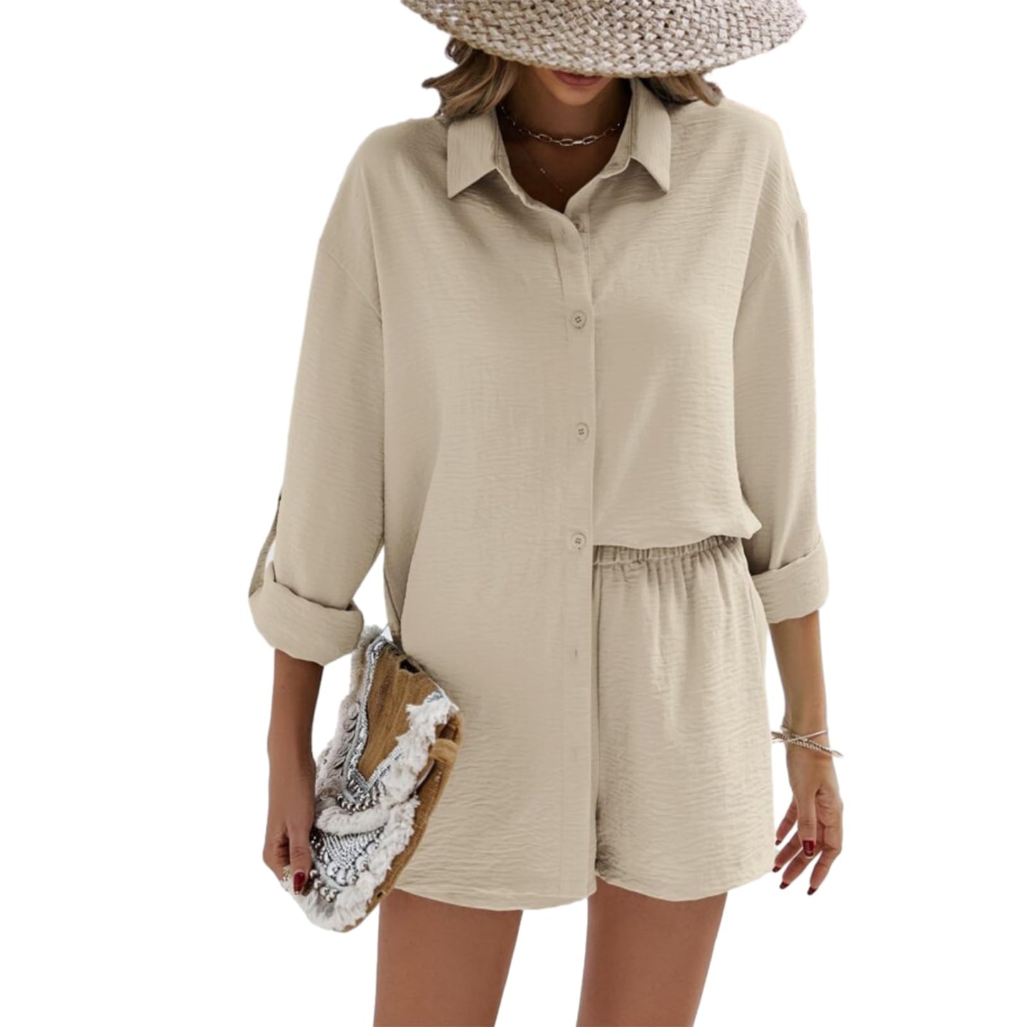 Geagodelia Damen Zweiteiler Elegant Hosenanzug Sommer Outfits Kleidung 2 Teiler Set Bluse Top + Shorts Y2k Aesthetic Clothes Loungewear Anzug