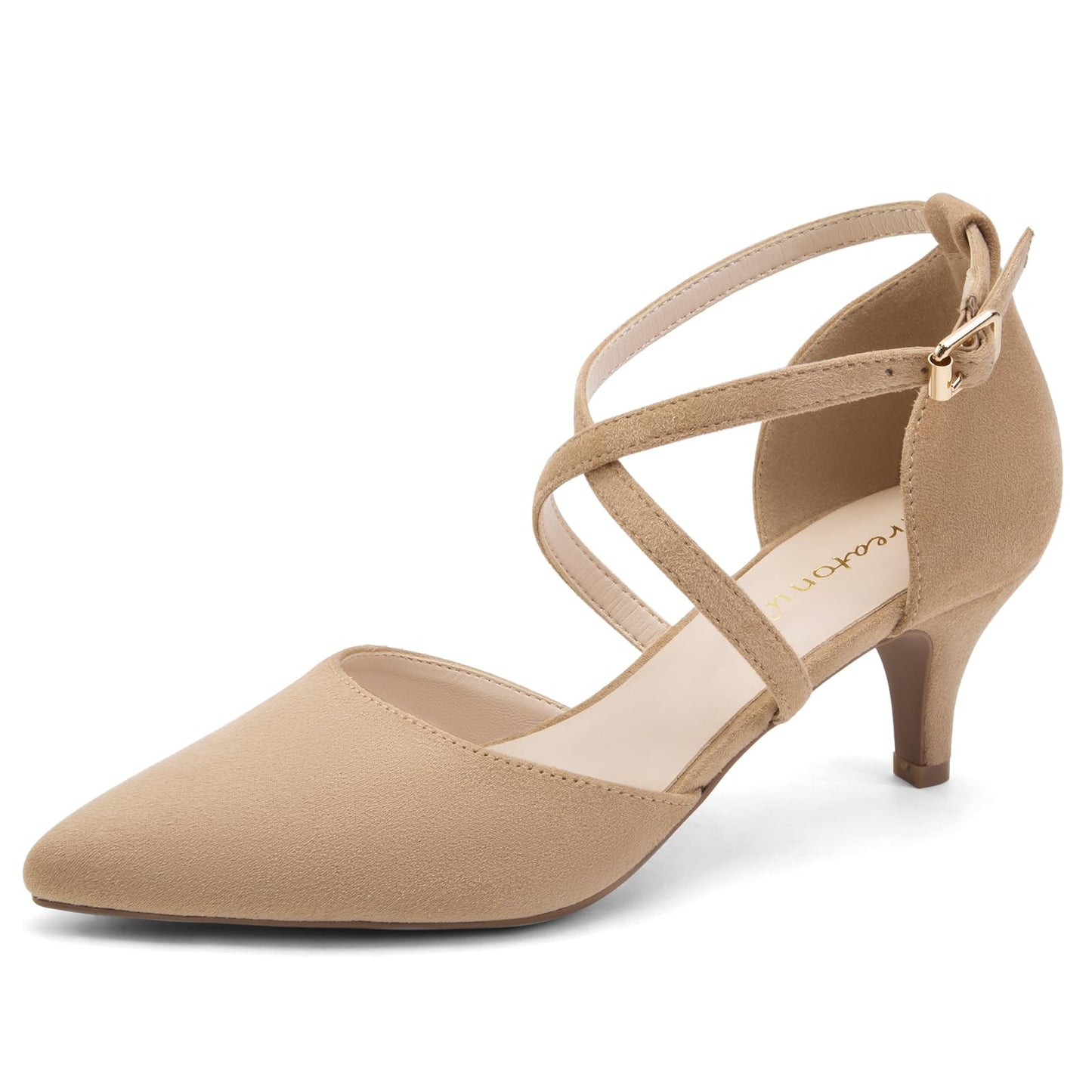 Greatonu Women's Pointed Toe Court Shoes with Ankle Strap and Kitten Heel