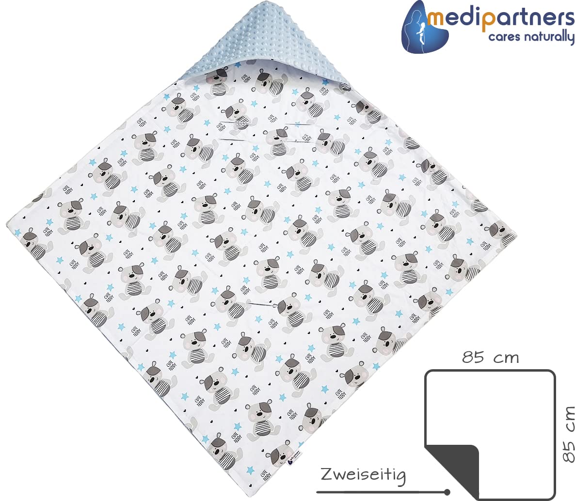Medi Partners Einschlagdecke Baby Babyschale 100% Baumwolle für Sommer 85x85cm Kinderwagen Kuscheldecke universal Baby Decke Einschlagdecken Babydecke Buggy Autositz (weiße Sterne mit grauen Minky