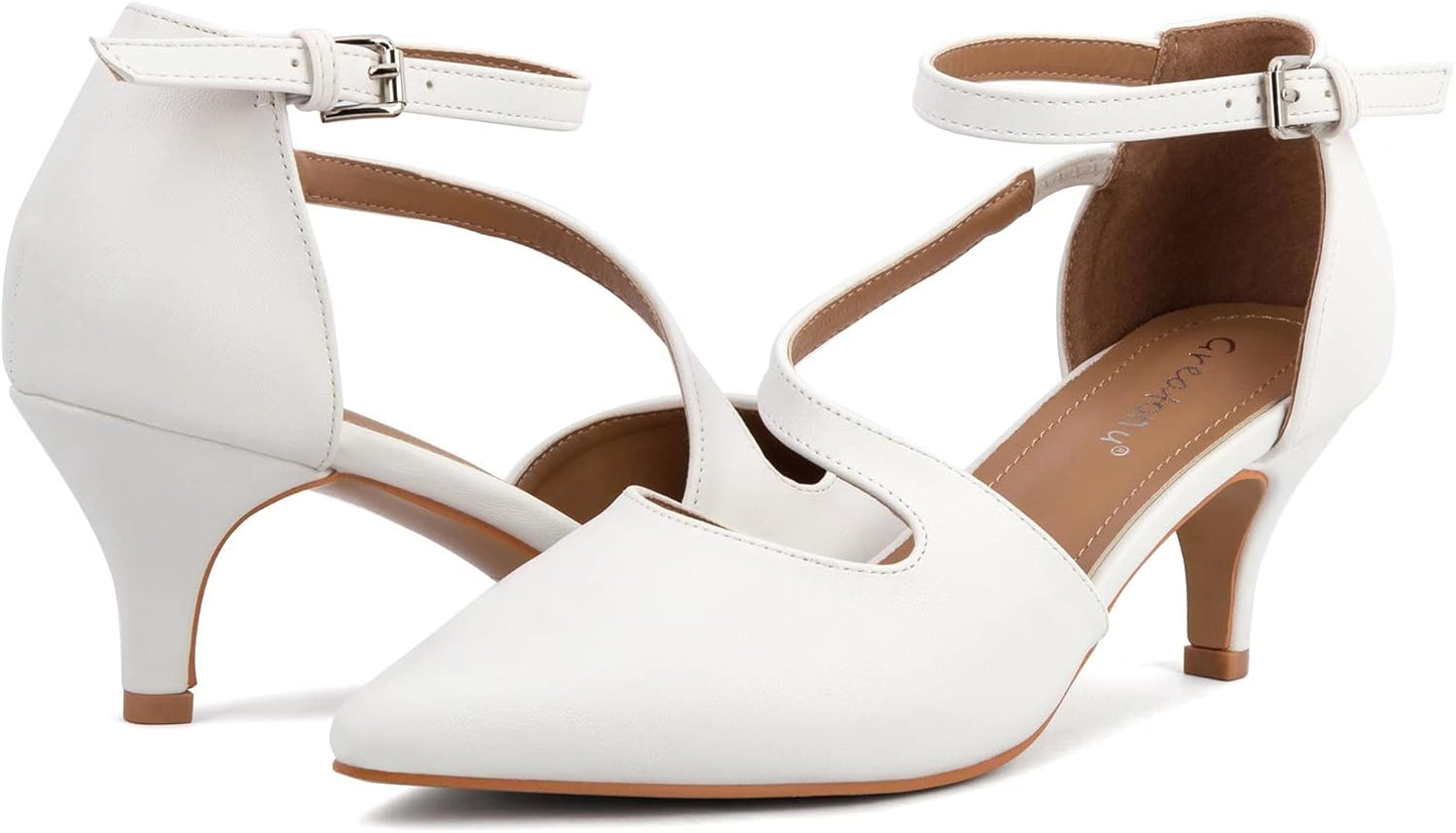 Greatonu Women's Pointed Toe Court Shoes with Ankle Strap and Kitten Heel