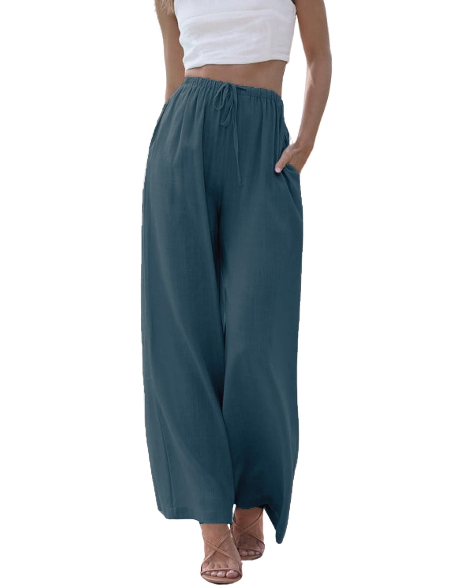 Imuedaen Damen Hosen Sommer Leinen Leicht Casual Locker Leinenhose Freizeithose Palazzo Hose Weite Leg Hose Sommerhose Hohe Taille mit Tunnelzug und Taschen