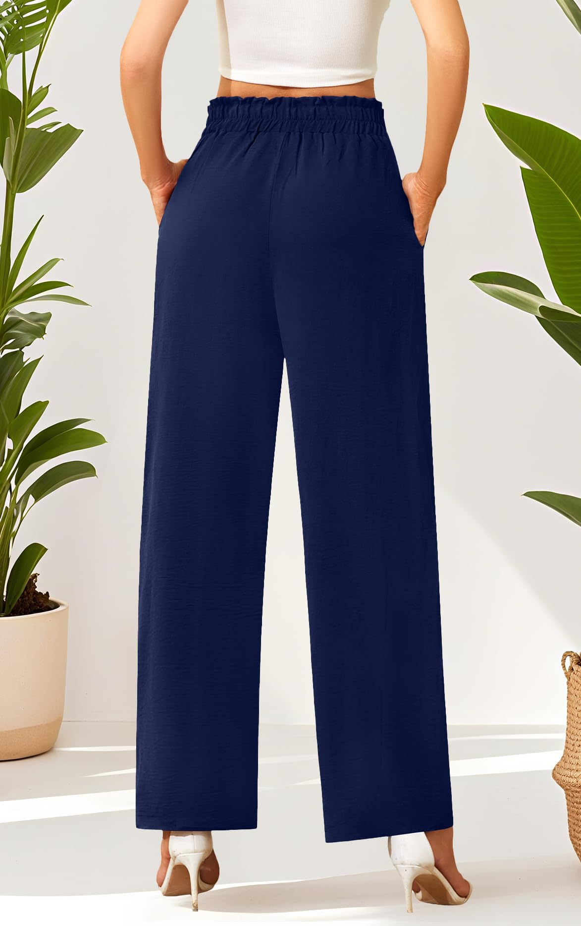 Actcat Damen Hose mit weitem Bein Leicht und Elegant Elastischer Bund Sommerhose mit Taschen für Legere Arbeit Geeignet