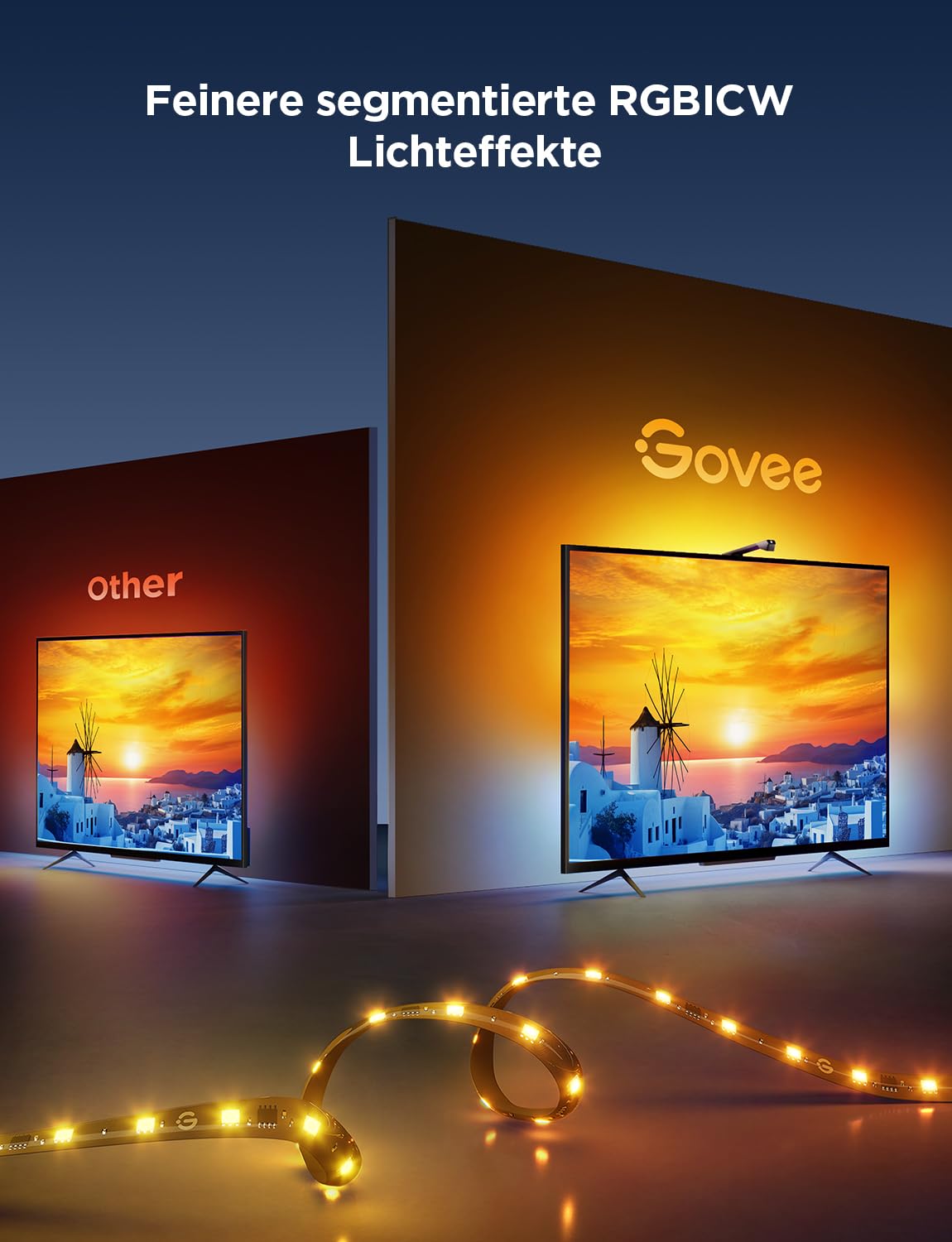 Govee TV Hintergrundbeleuchtung 3 Lite mit Fish-Eye Korrektur Funktion, Sync für 55-65 Zoll TVs, 3,6M RGBICW WiFi TV LED Strip mit Kamera, 4 Farben in 1 Lampenperle, Sprach- & APP-Steuerung