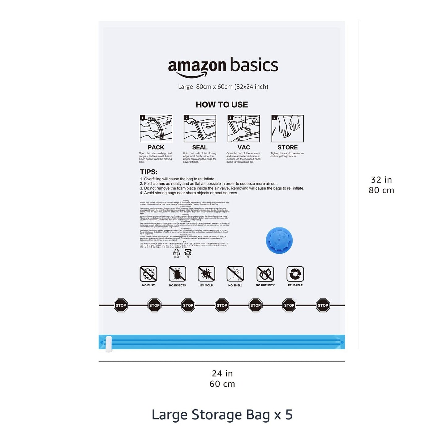 Amazon Basics Vakuumbeutel für Kleidung mit Luftdichtem Ventil und Handpumpe - Jumbo, 6er-Pack, Reißverschluss, Durchsichtig