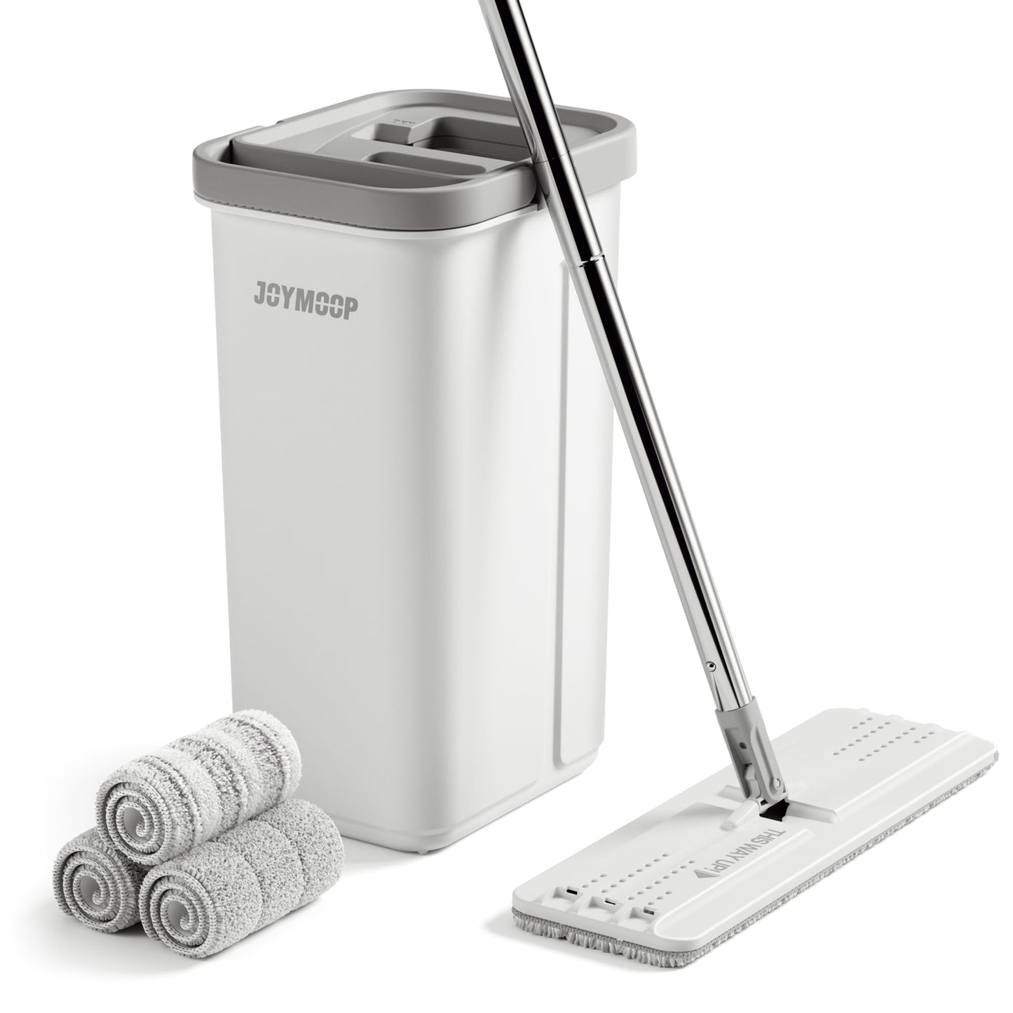 JOYMOOP Mop und Eimer mit Wringer Set, Hands Free Flat Floor Mop und Eimer, mit 5 waschbaren Mikrofaserpads, Nass- und Trockeneinsatz, Bodenreinigungssystem