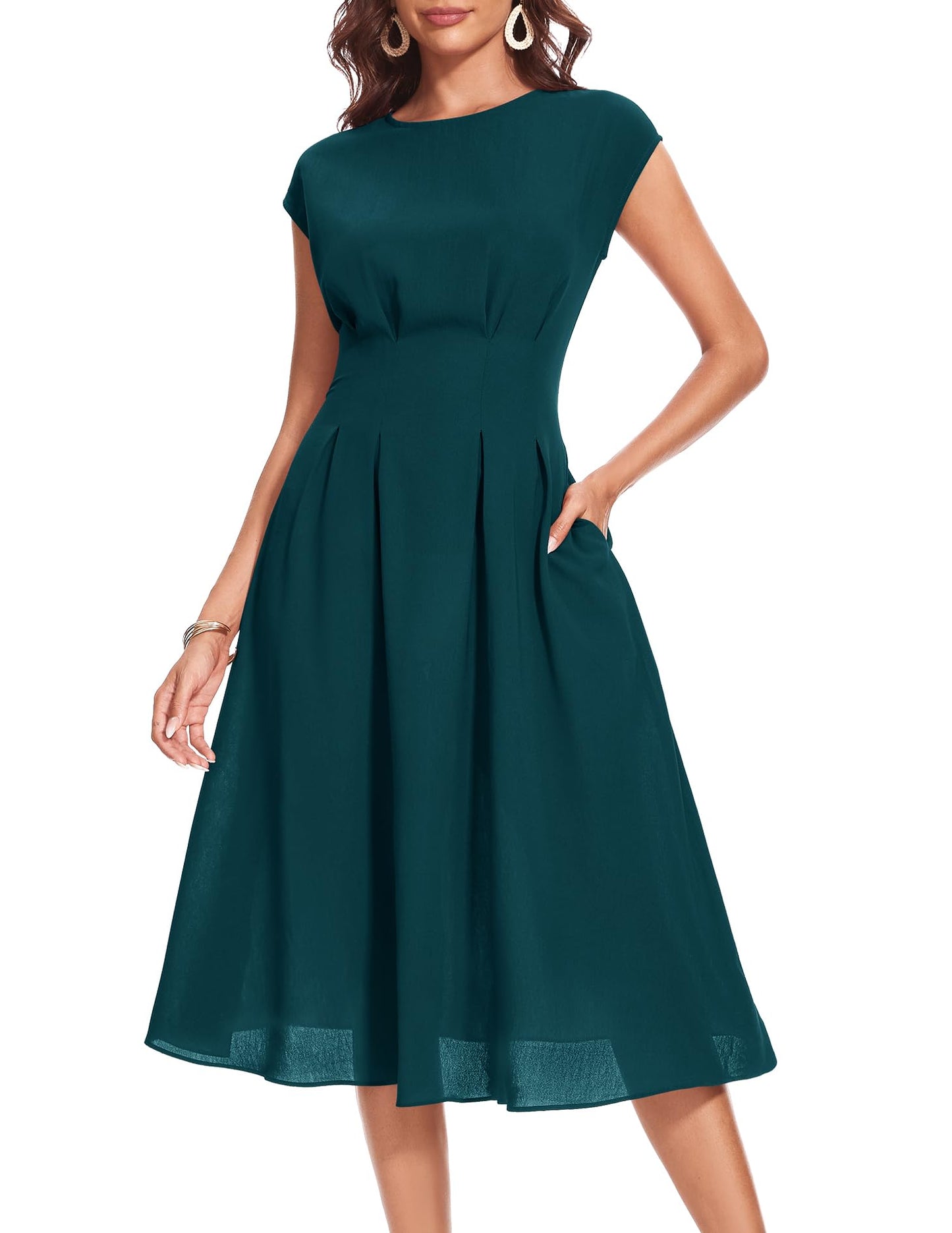 Wedtrend Cocktailkleid Damen Elegant Rockabilly Kleider Damen Midi Cap Sleeves Kleid Festlich Damen 50er Vintage A Linie Abendkleid mit Taschen