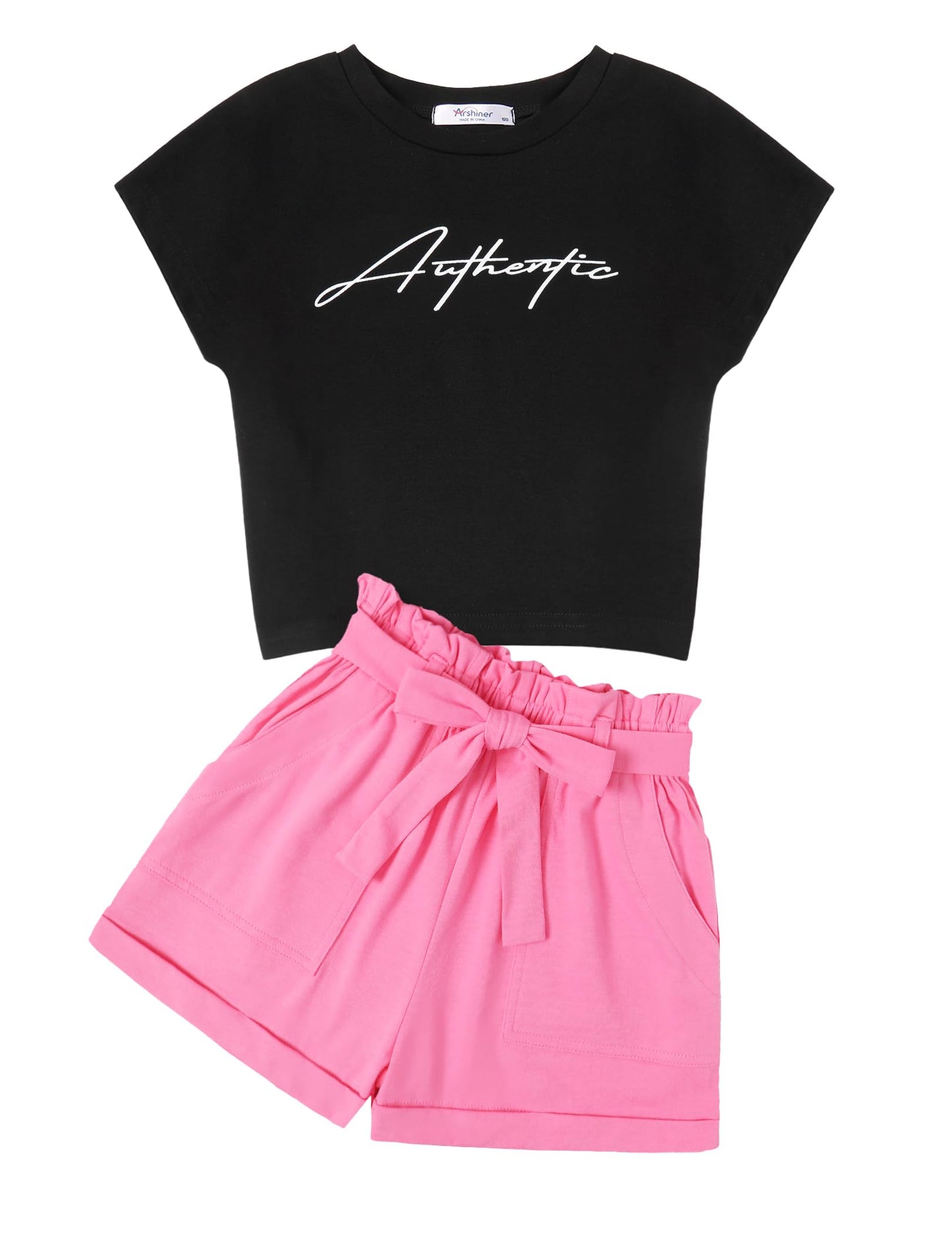 Arshiner Mädchen Tshirt mit Shorts Set Sommer Kinder Bekleidungssets Freizeit Mode überschnittenen Schultern Shirts Zweiteiliges Kleidung Sets für Mädchen 6-14 Jahre