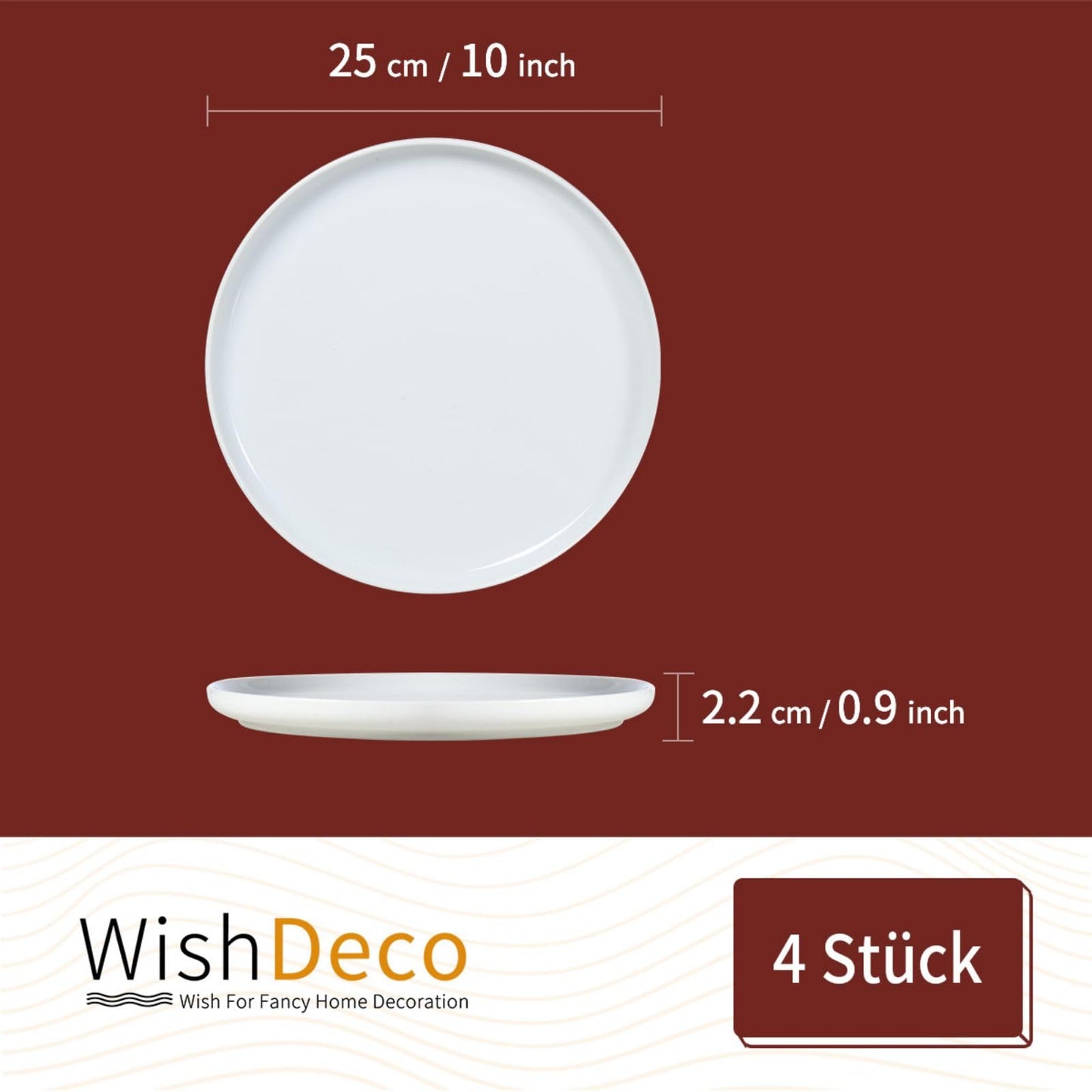 WishDeco Dessertteller 6er Set, Weiße Kuchenteller Φ18cm, Speiseteller Porzellan, Frühstücksteller Weiß mit erhöhtem Rand, Kleine Servierteller für Salat, Pasta, Brot, Vorspeisen