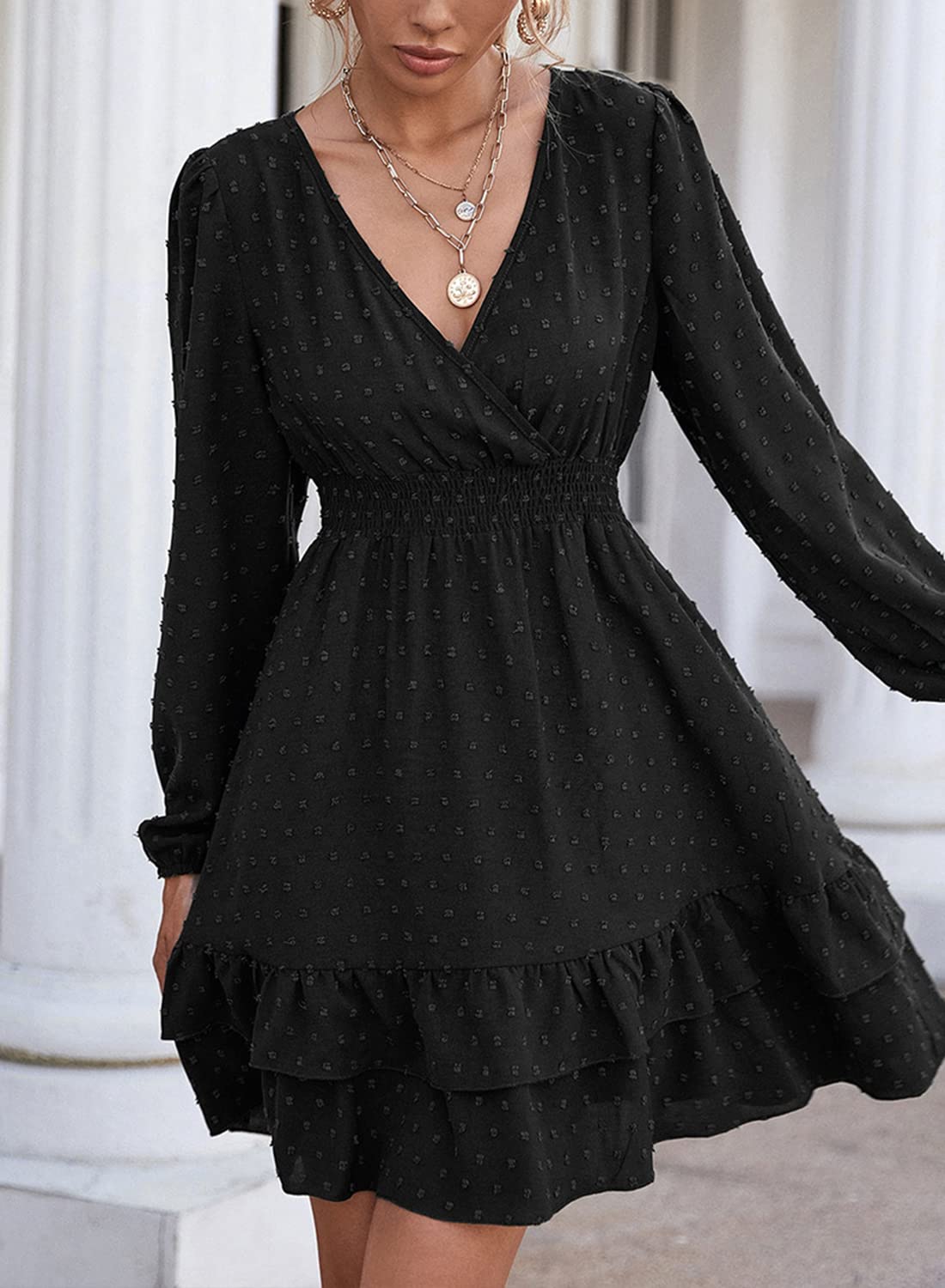 Vangreynve Damen Minikleid V-Ausschnitt A-Linie Kleider Elegant Hohe Taille Langarm Freizeitkleid
