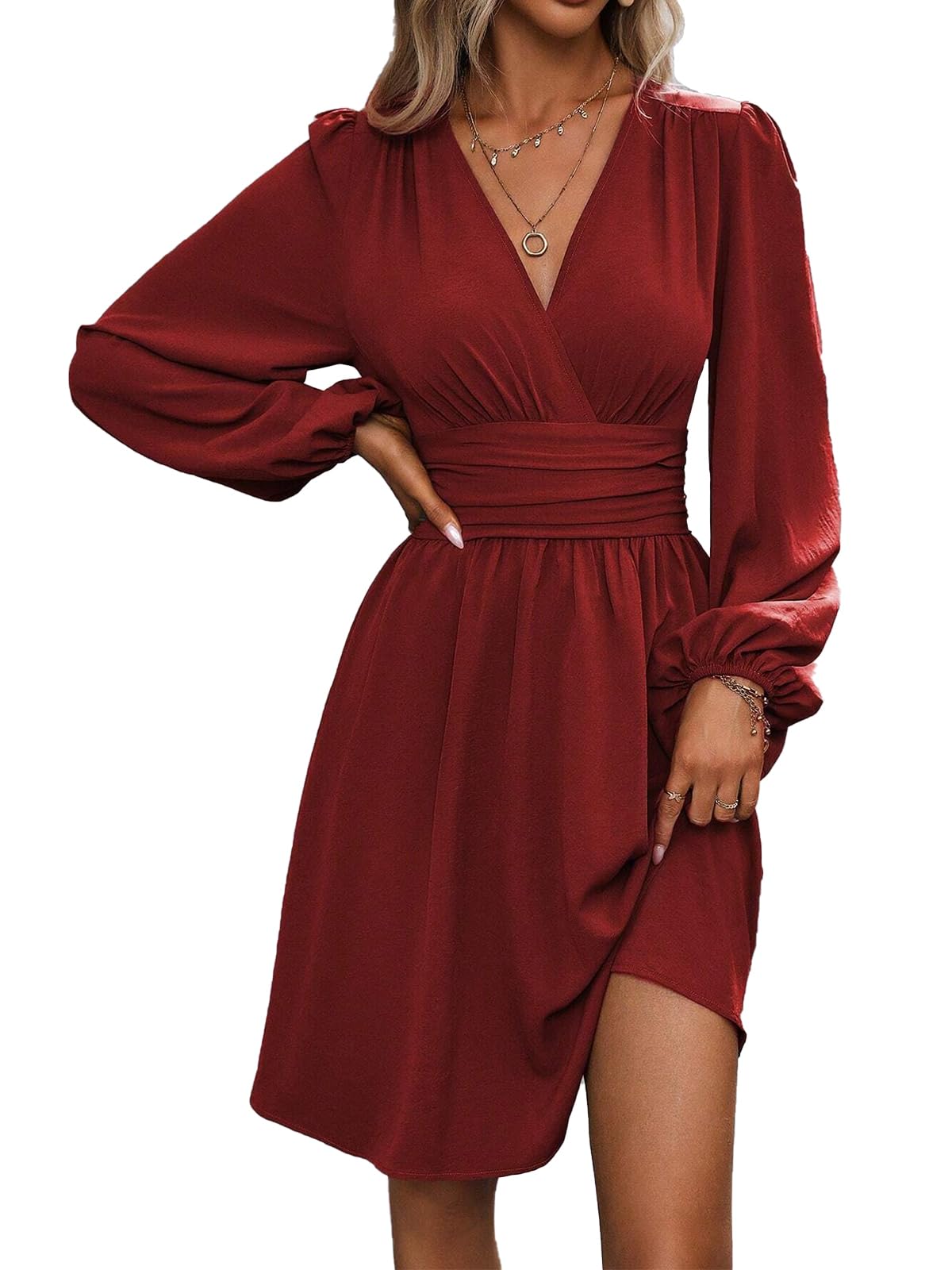 LIAMERHE Damen Elegant Kleid Langarm/Kurze Ärmel V-Ausschnitt Casual Kleider A-Linie Blumenmuster Minikleid Freizeitkleider Sommer Herbst Winter Laternenärmeln Kleid Partykleid