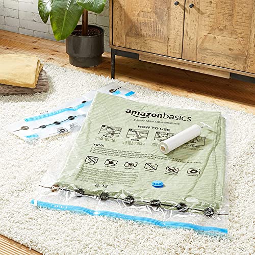 Amazon Basics Vakuumbeutel für Kleidung mit Luftdichtem Ventil und Handpumpe - Jumbo, 6er-Pack, Reißverschluss, Durchsichtig