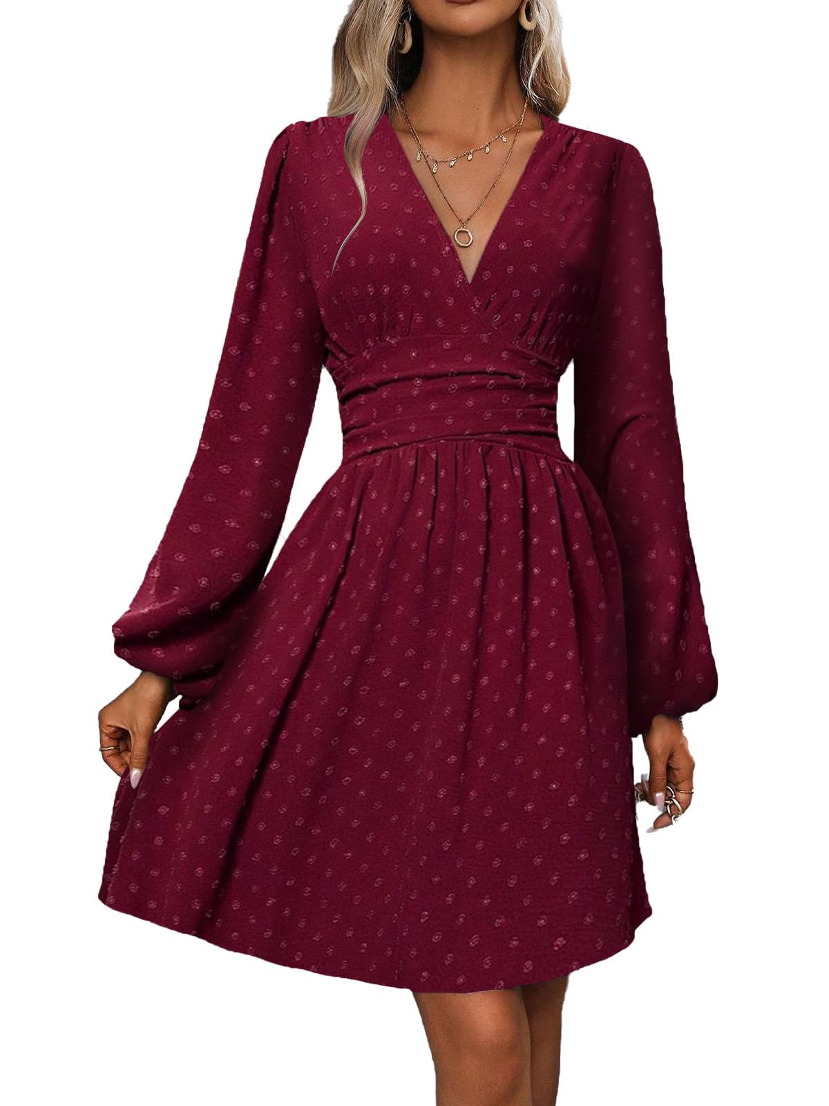 LIAMERHE Damen Elegant Kleid Langarm/Kurze Ärmel V-Ausschnitt Casual Kleider A-Linie Blumenmuster Minikleid Freizeitkleider Sommer Herbst Winter Laternenärmeln Kleid Partykleid