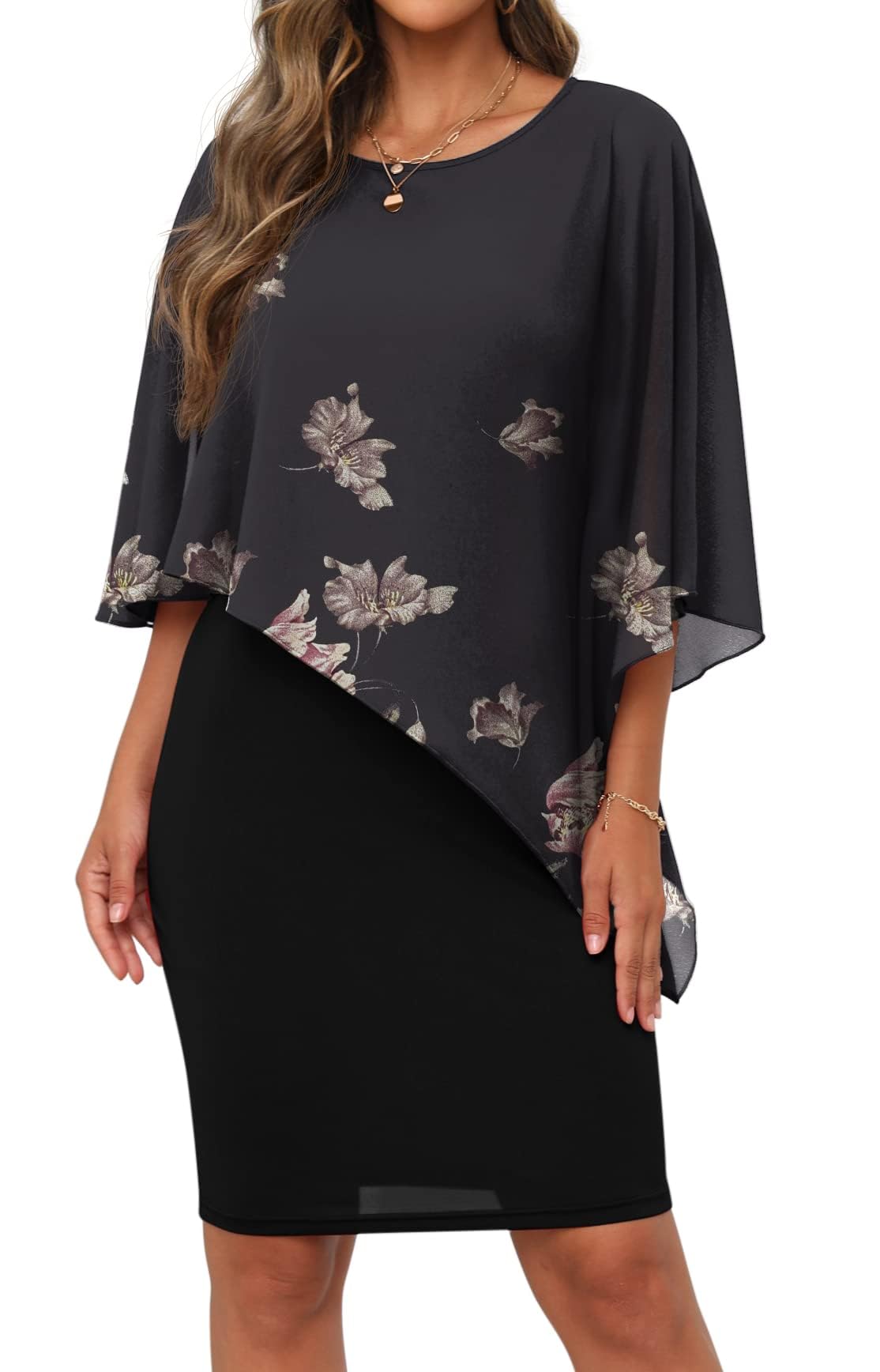 QIXING Damen Chiffon Cape Cocktialkleid Rundhals Ausschnitt Bleistiftkleid Sommerkleid Damen Knielang Elegant Abendkleid Mit Overlay Casual Bodycon Kleider