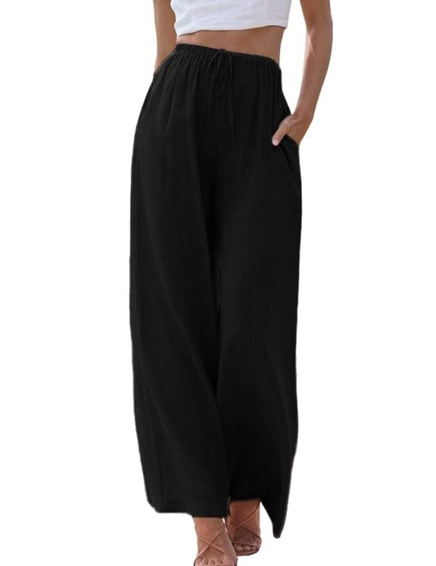 Imuedaen Damen Hosen Sommer Leinen Leicht Casual Locker Leinenhose Freizeithose Palazzo Hose Weite Leg Hose Sommerhose Hohe Taille mit Tunnelzug und Taschen