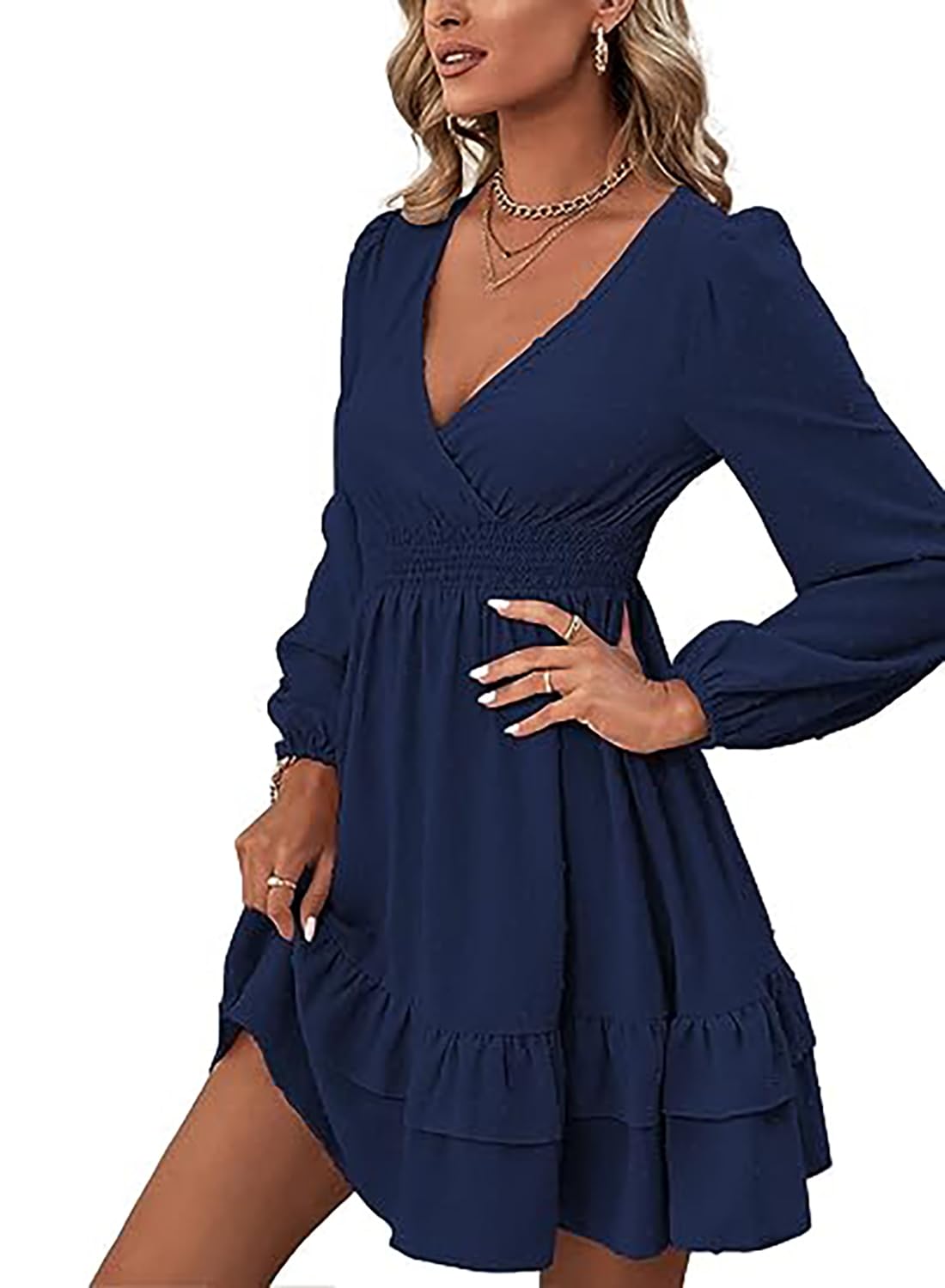 Vangreynve Damen Minikleid V-Ausschnitt A-Linie Kleider Elegant Hohe Taille Langarm Freizeitkleid