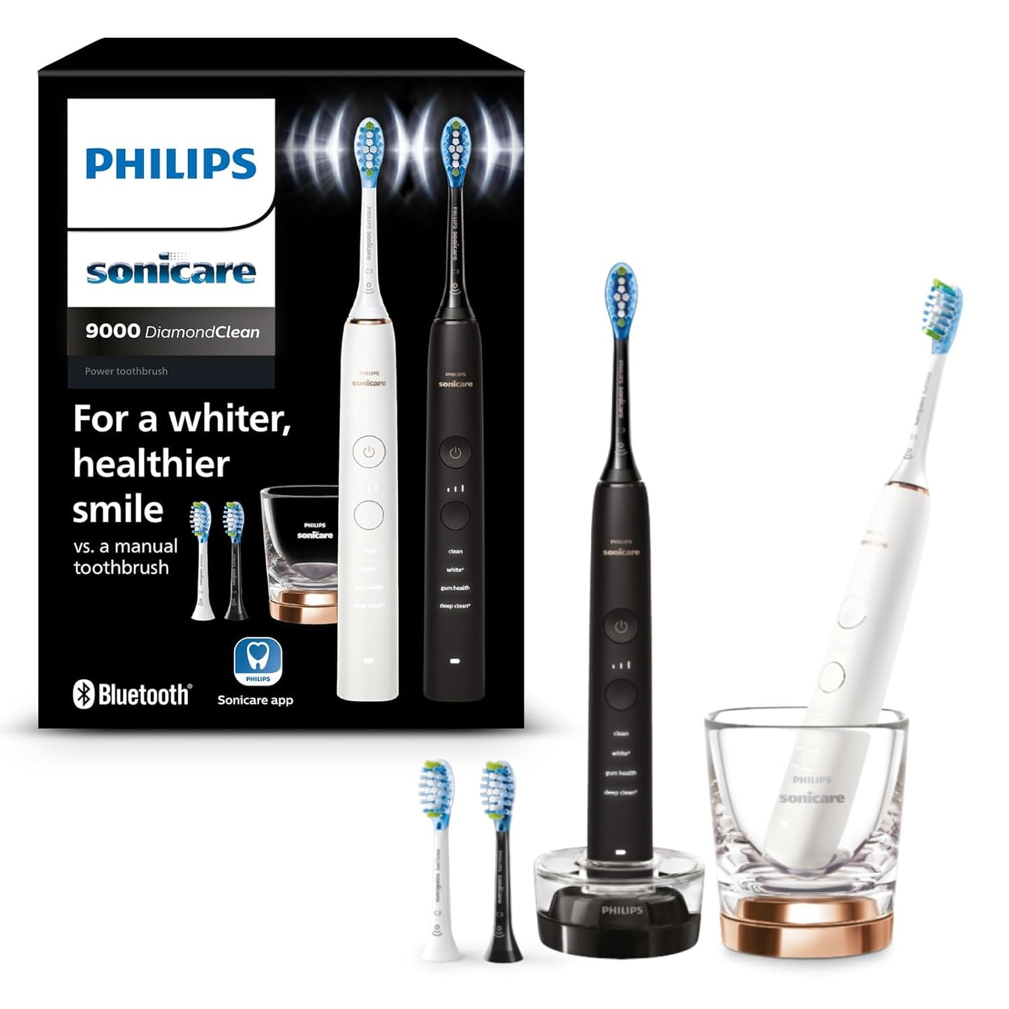 Philips Sonicare DiamondClean 9000 elektrische Zahnbürste, Doppelpack,Zahnbürste mit Schalltechnologie inklusive App, Drucksensor,4 Putzmodi,3 Intensitätsstufen, schwarz und roségold, Modell HX9914/61
