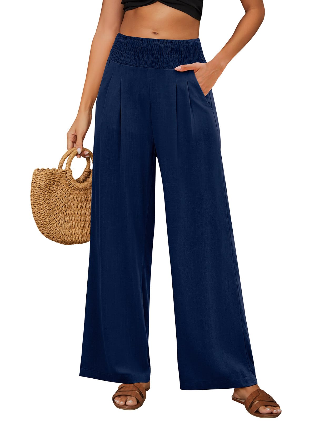 Niwicee Leinenhose Damen Sommer Baumwolle Leinen Hose High Waist Geradem Lose Casual Sommerhose mit Taschen Elastisch Hohe Taille Freizeithose Strandhose Lang Leichte