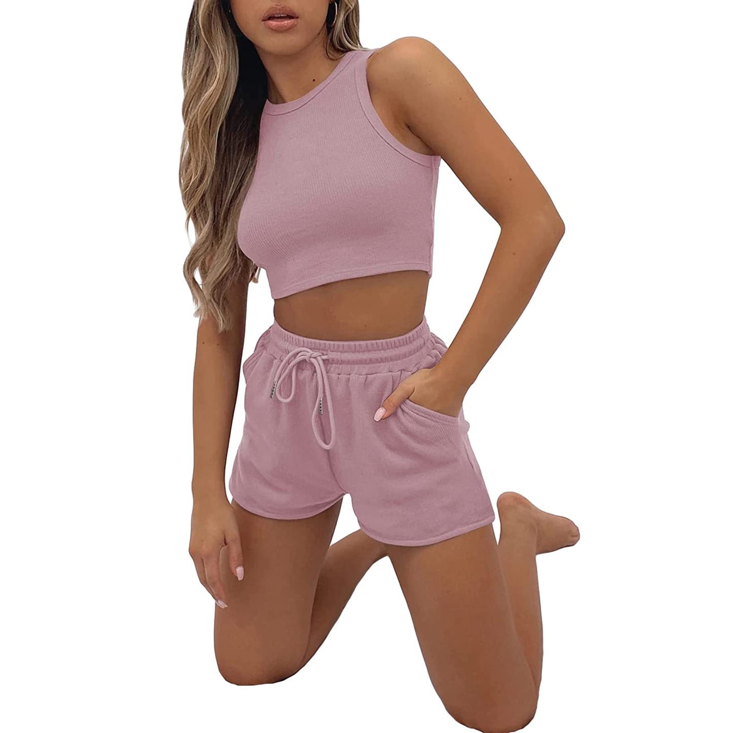 Geagodelia Damen Zweiteiler Sommer Hosenanzug Elegant Outfits Kleidung 2 Teiler Set Crop Tank Top + Shorts Y2k Aesthetic Clothes Workout Sport Anzug