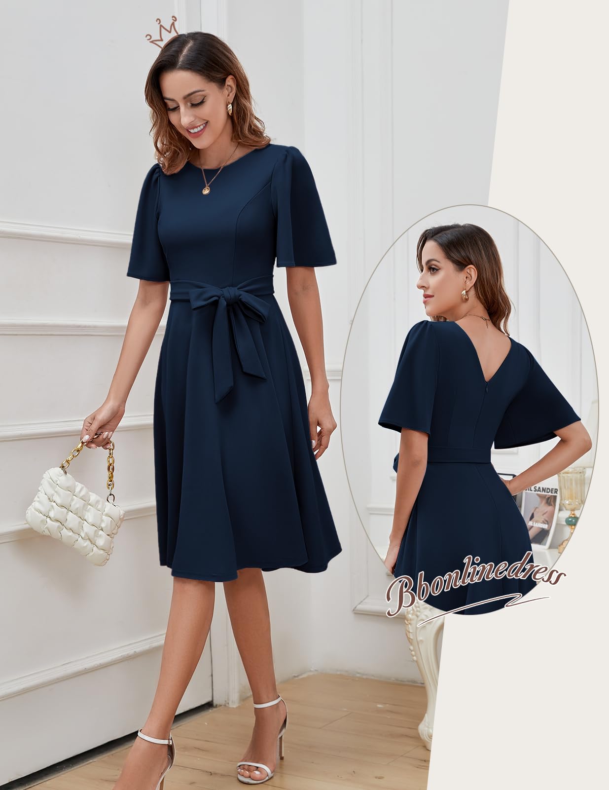 Bbonlinedress Cocktailkleid Damen Kurzarm midilang festlichs Kleid mit Gürtel Abendkleider elegant für Hochzeit Partykleider