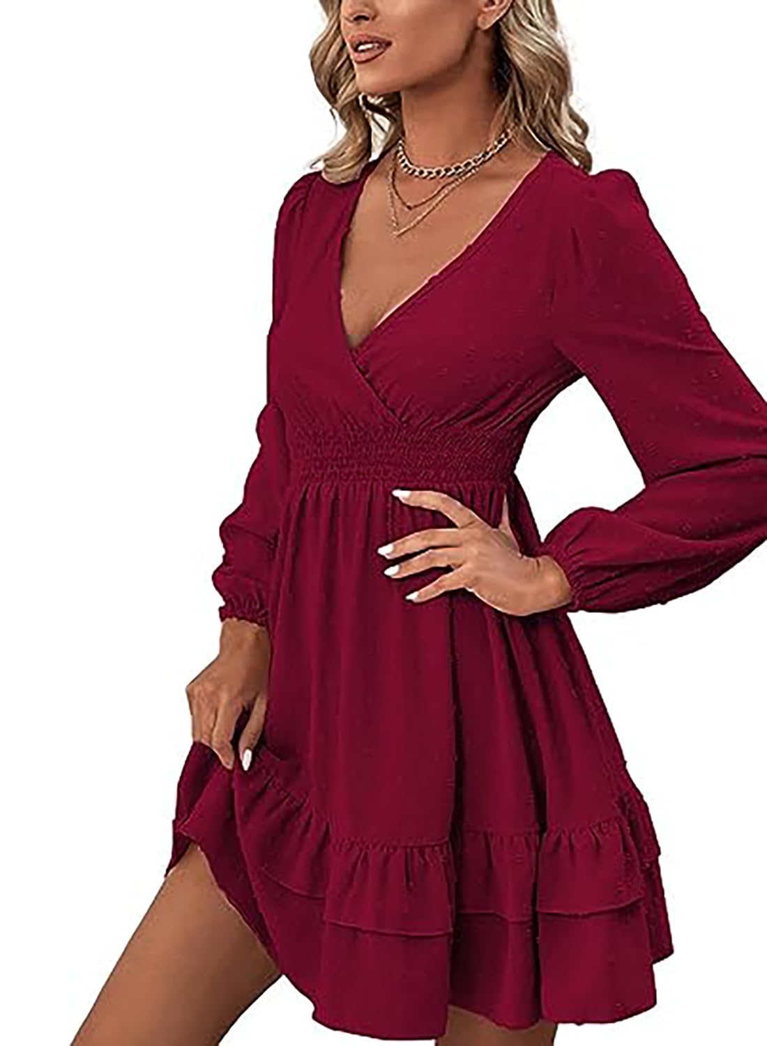Vangreynve Damen Minikleid V-Ausschnitt A-Linie Kleider Elegant Hohe Taille Langarm Freizeitkleid