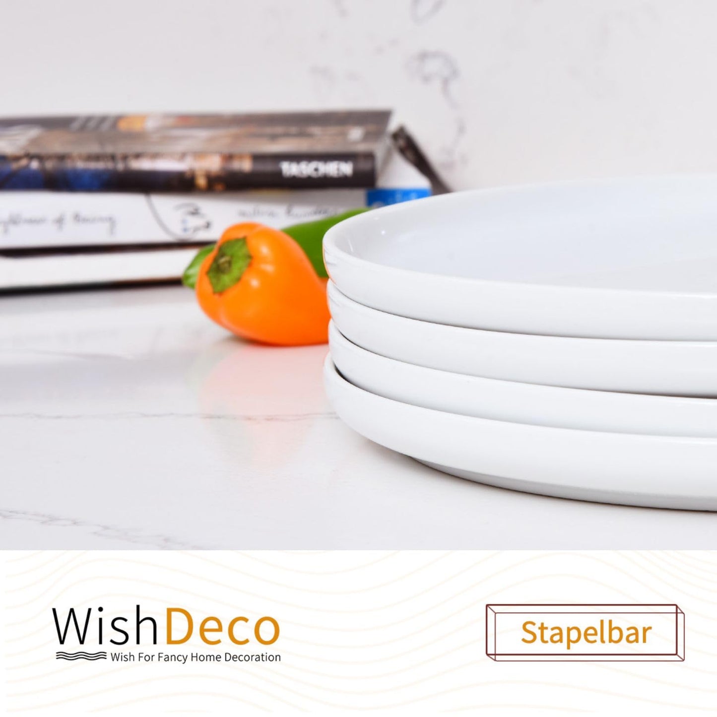 WishDeco Dessertteller 6er Set, Weiße Kuchenteller Φ18cm, Speiseteller Porzellan, Frühstücksteller Weiß mit erhöhtem Rand, Kleine Servierteller für Salat, Pasta, Brot, Vorspeisen