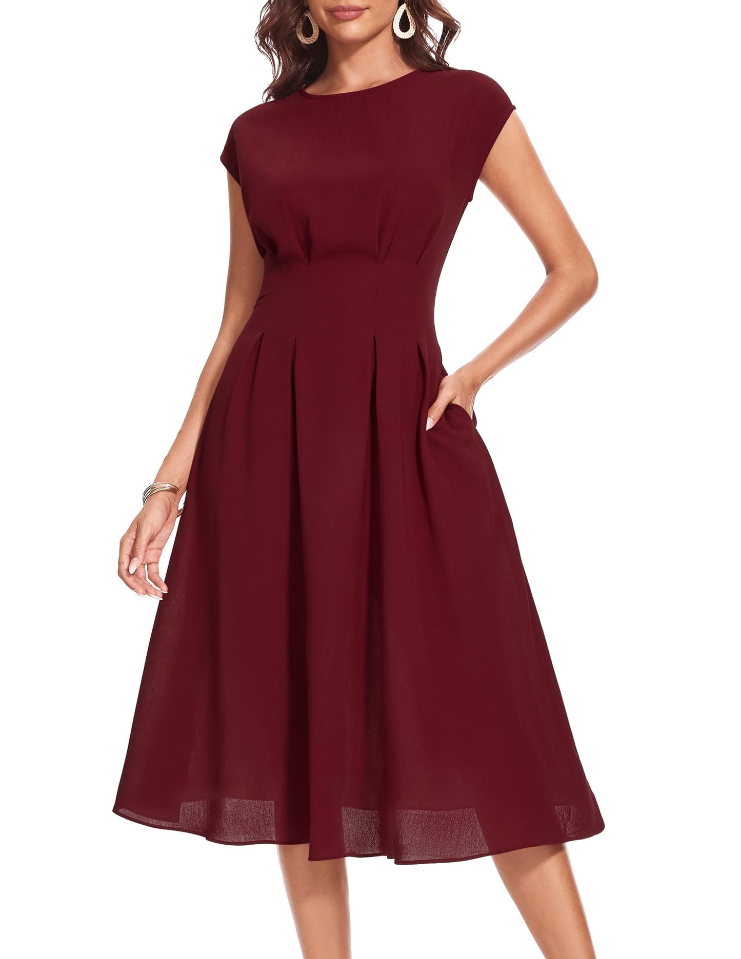 Wedtrend Cocktailkleid Damen Elegant Rockabilly Kleider Damen Midi Cap Sleeves Kleid Festlich Damen 50er Vintage A Linie Abendkleid mit Taschen