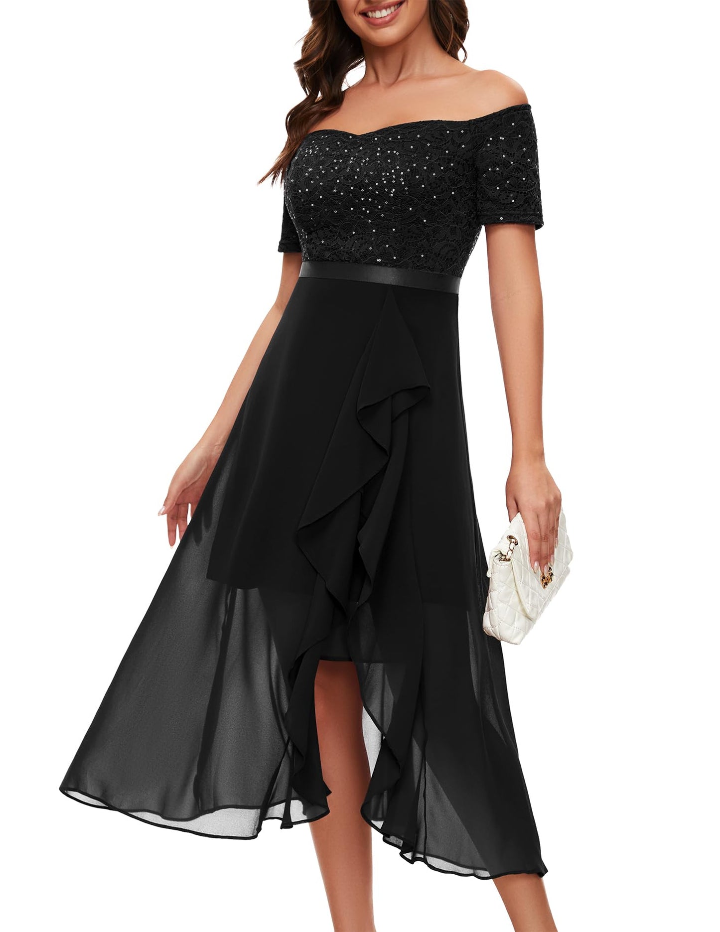 Berylove Abendkleid Damen Lang Glitzer Kleid Cocktailkleid Elegant für Hochzeit Off Shoulder Kleid Ballkleid