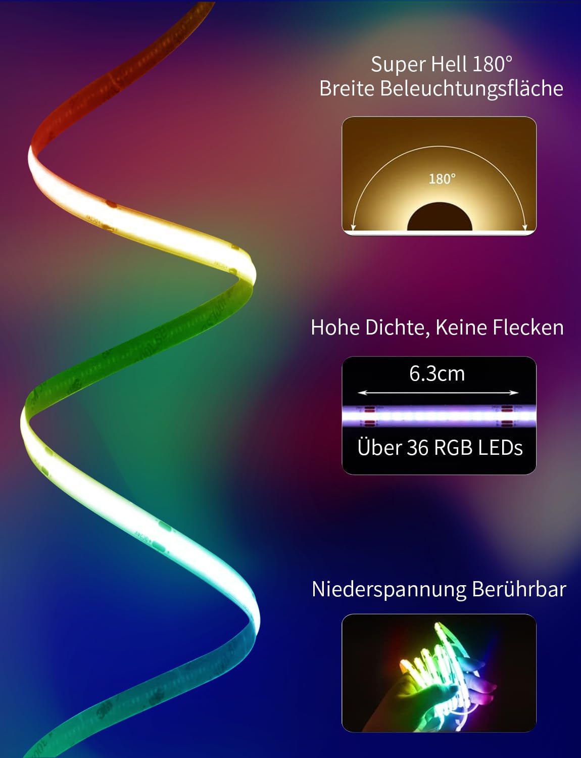 BUNACET COB RGB LED Strip 6M 24V Dimmbar, LED Streifen 3456 LEDs, Leiste Band Stripes Lichtband mit Netzteil RF Fernbedienung & APP Bluetooth für Küche Schlafzimmer Deko